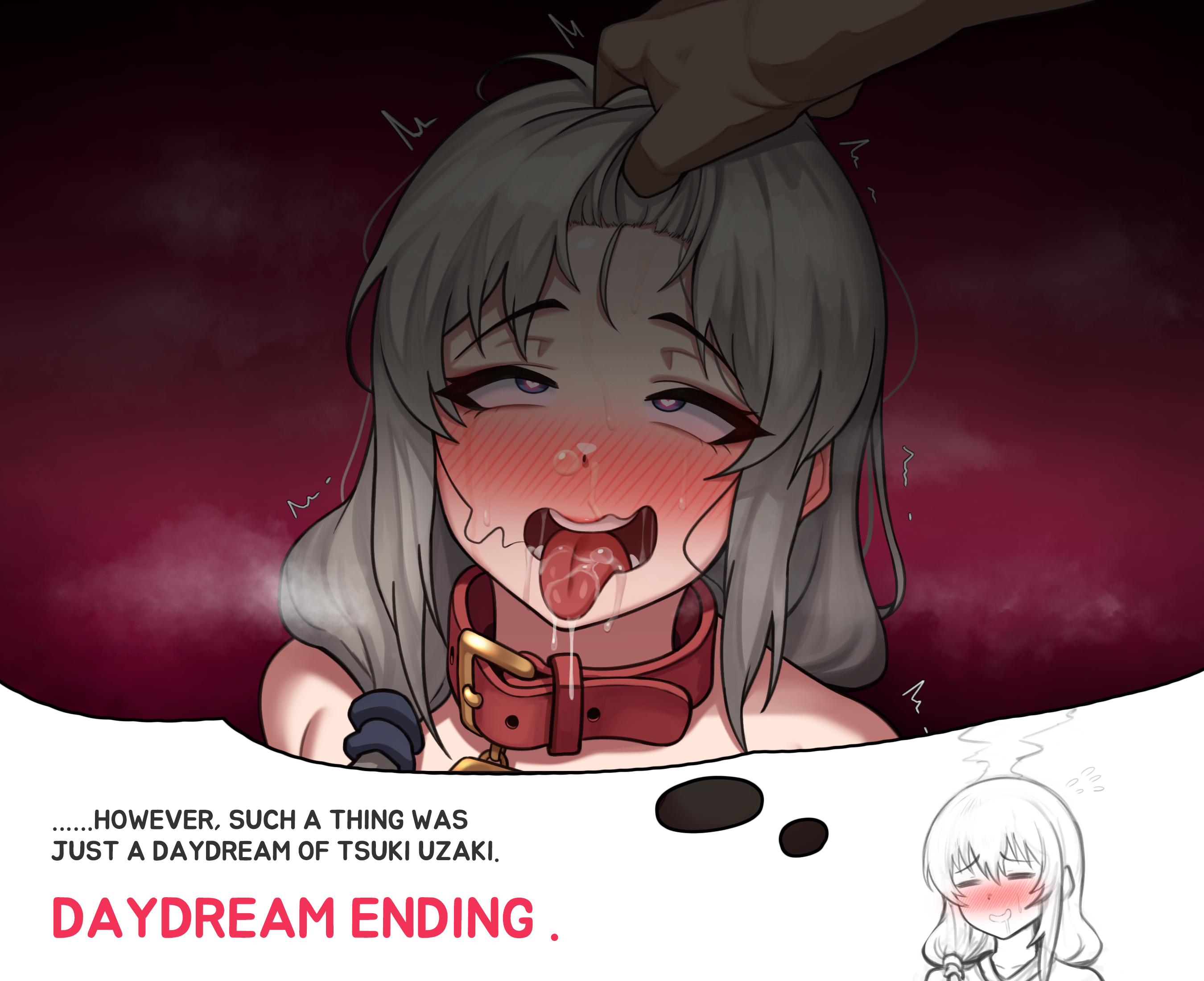1girls, 2021, absurd res, after sex, ahe gao, alternate costume, bare shoulders, bed, bedroom, blue eyes, breasts, chain leash, daydream, dog collar, english, english text, erect nipples, exposed shoulders, female, female focus, grey hair, half-closed eyes, heart-shaped pupils, hi res, indoors, large breasts, light skin, light-skinned female, light-skinned male, long hair, looking pleasured, male, mature, mature female, milf, mother, nipples, poper, pubic hair, sakurai shinichi, silver hair, speech bubble, text, uzaki hana, uzaki tsuki, uzaki-chan wa asobitai!, white hair