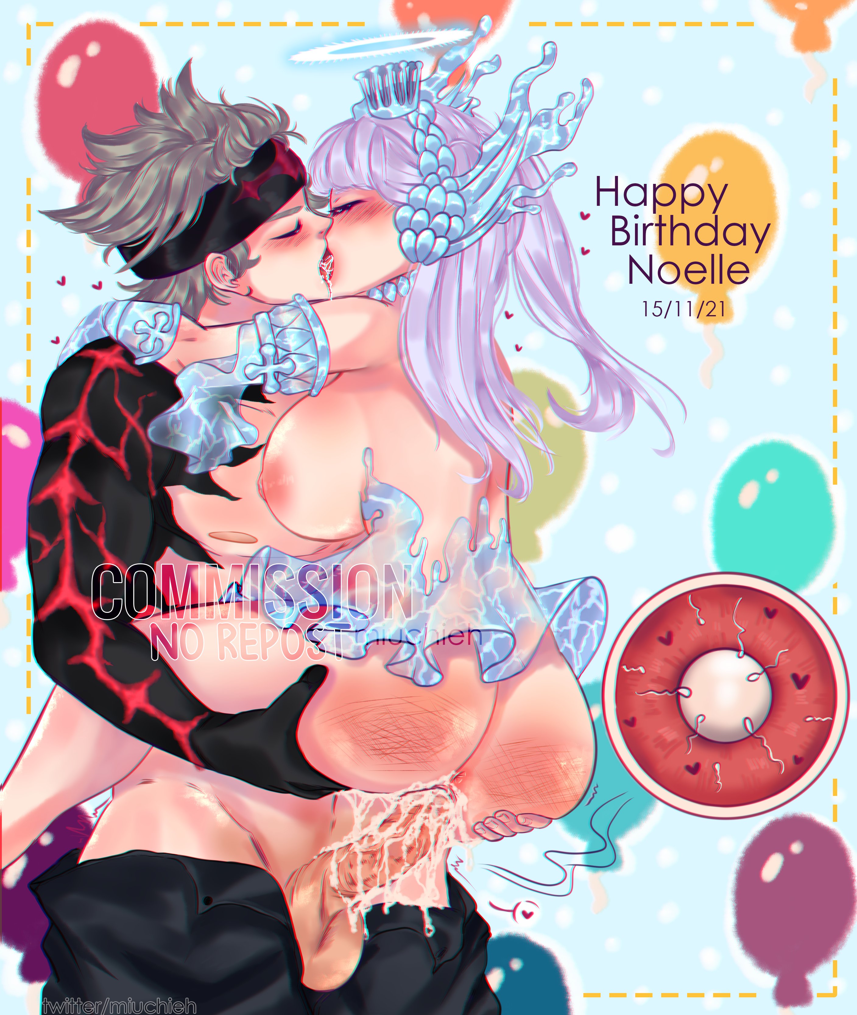 1boy, 1girls, alternate version available, areola, artist request, ass, asta (black clover), birthday, birthday sex, black clover, bottomless, breasts, breasts out, cum, cum in pussy, cum inside, female, hand on ass, happy birthday, headband, held up, holding partner, impregnation, kissing, legs around partner, legs around waist, long hair, male, nipples, no bra, no panties, noelle silva, ovum, pants down, partially clothed, penis, purple hair, pussy, saliva, sideboob, silver hair, straight, tagme, vaginal penetration, watermark