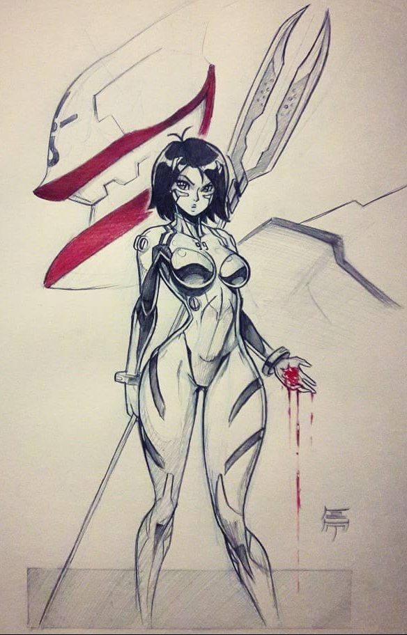 1girls 2019 alita battle_angel_alita black_hair blood bodysuit breasts clothing curvaceous curvy curvy_female curvy_figure cyborg female lance_of_longinus large_breasts leadapprentice mass_production_eva monochrome neon_genesis_evangelion pilot_suit plugsuit short_hair solo the_end_of_evangelion thighs voluptuous weapon wide_hips