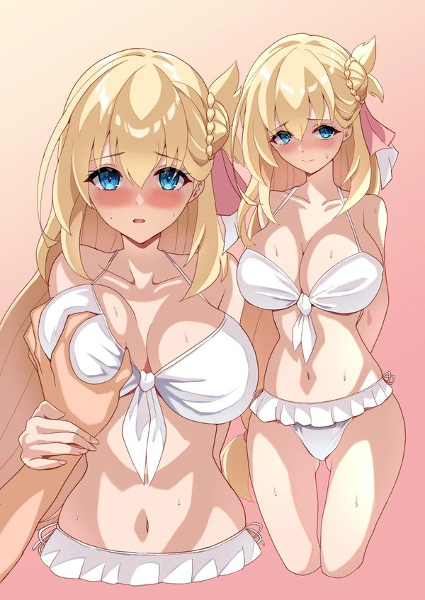 1boy 1girls agnes_claudel ass_visible_through_thighs belly bikini blonde_hair blue_eyes blush breast_grab breasts eiyuu_densetsu kuro_no_kiseki light-skinned_female light-skinned_male light_skin multiple_views mussyu_danachan navel off_screen_character off_screen_male_character sweat white_bikini