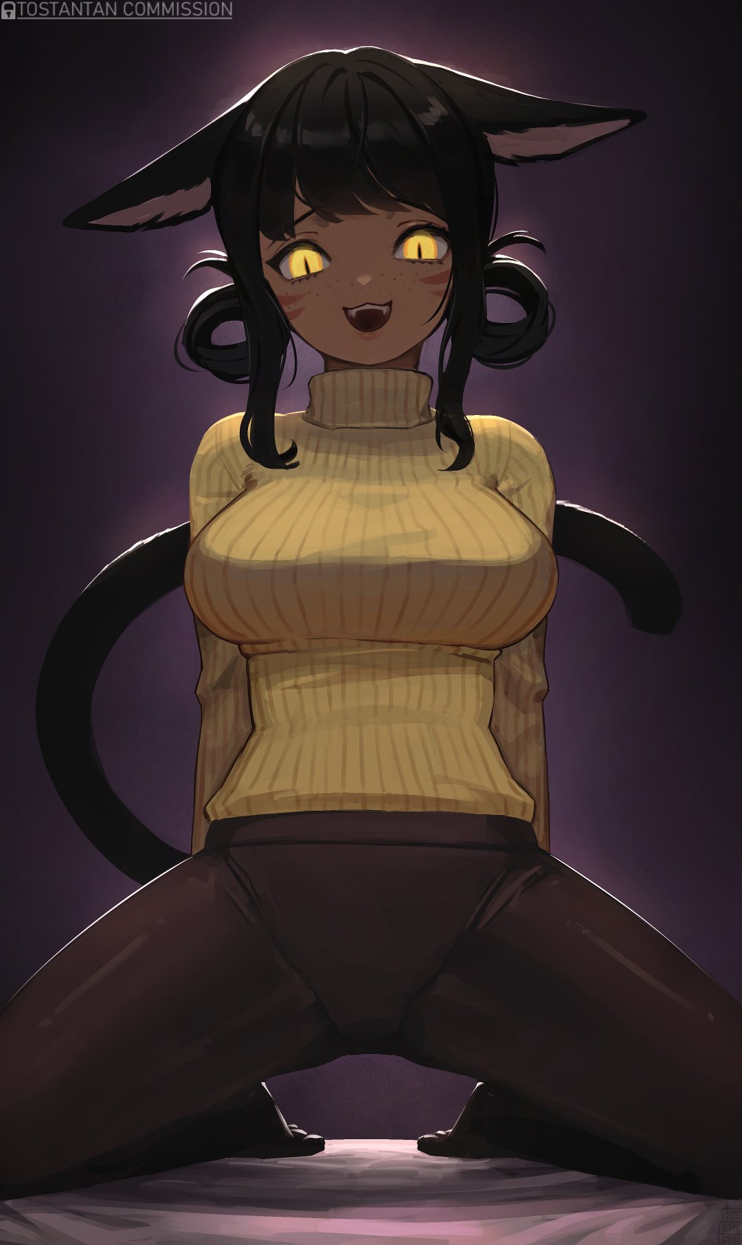 1girls big_breasts black_hair cat_ears cat_eyes cat_girl cat_tail catgirl dark-skinned_female dark_skin female_focus female_only final_fantasy final_fantasy_xiv happy looking_at_viewer miqo'te nonude open_mouth sitting smile tostantan yellow_eyes