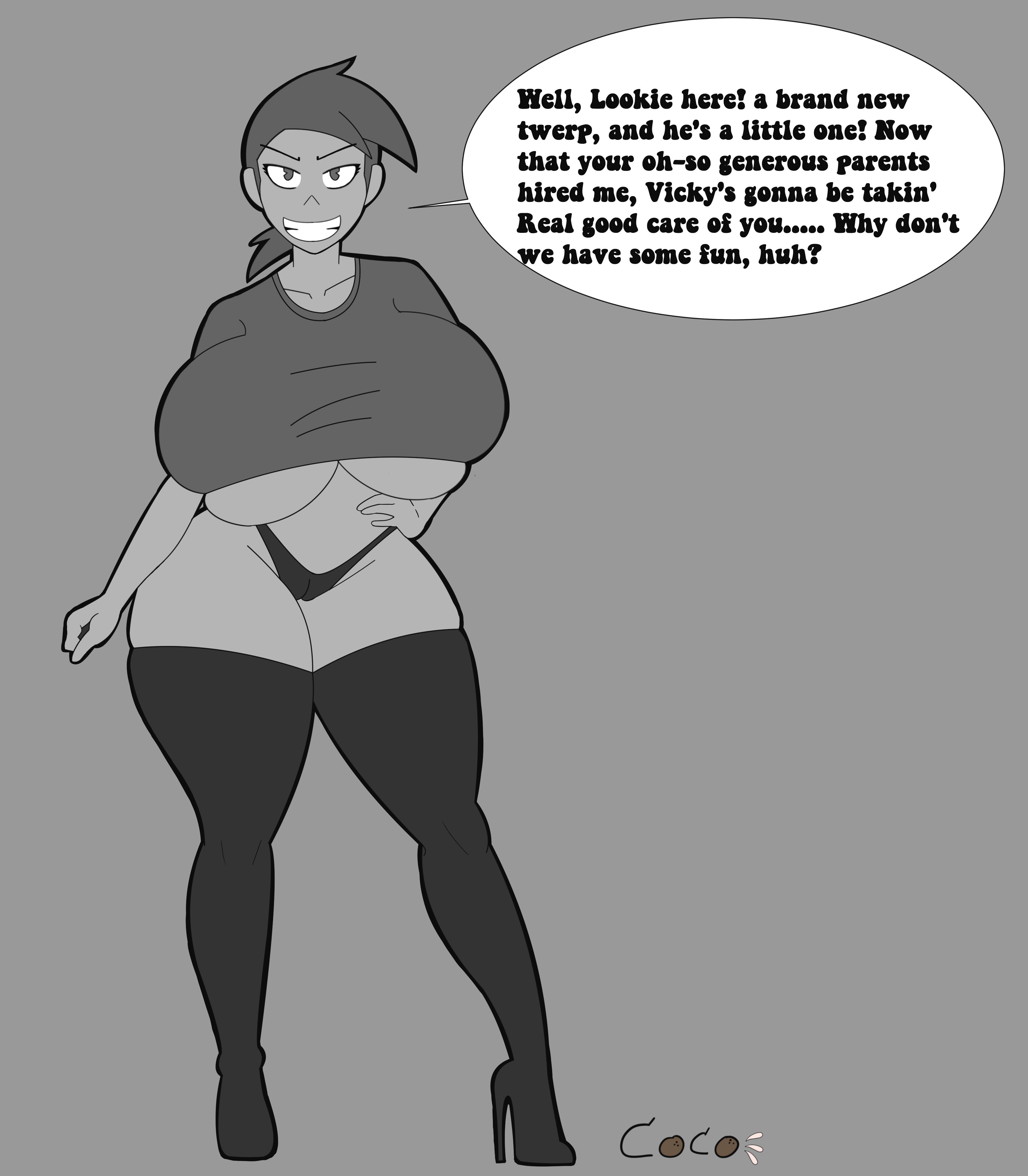1girls, ass, big ass, big breasts, big butt, big hips, big thighs, black boots, boots, breasts, cameltoe, cleavage, coconutbutter, collarbone, dialogue, dialogue bubble, english text, female, female focus, female only, gigantic ass, gigantic breasts, gigantic butt, hand on hip, high heel boots, high heels, hourglass figure, huge ass, huge breasts, huge butt, huge hips, huge thighs, hyper bimbo, large ass, large breasts, large butt, looking at viewer, massive breasts, pov, pussy, smug, smug grin, straight hair, the fairly oddparents, thick thighs, thigh boots, thong, underboob, vicky (fairly odd parents), wide hips