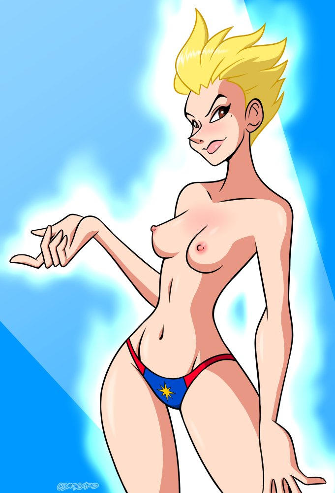 1girls avengers blonde_hair bold-n-brash breasts brown_eyes captain_marvel carol_danvers glowing half_naked marvel nipples panties posing short_hair smirking