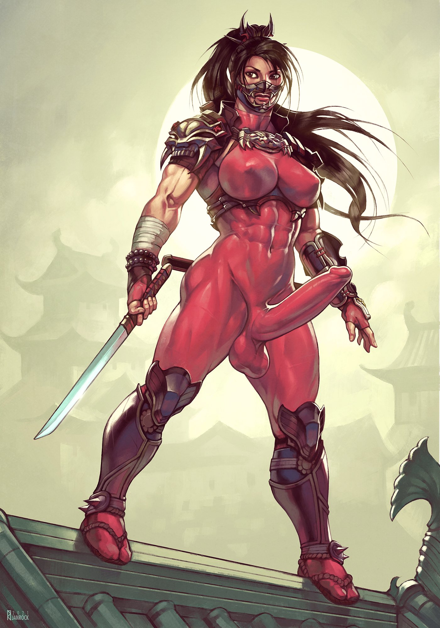1futa, abs, athletic, athletic futa, balls, big breasts, big penis, bodysuit, breasts, clothed, clothing, detailed background, erection, erection under clothes, fully clothed, futa only, futanari, human, intersex, janrock, large breasts, light skin, light-skinned futa, mask, muscles, muscular, muscular futa, pale skin, penis, solo, soul calibur, standing, taki (soulcalibur)