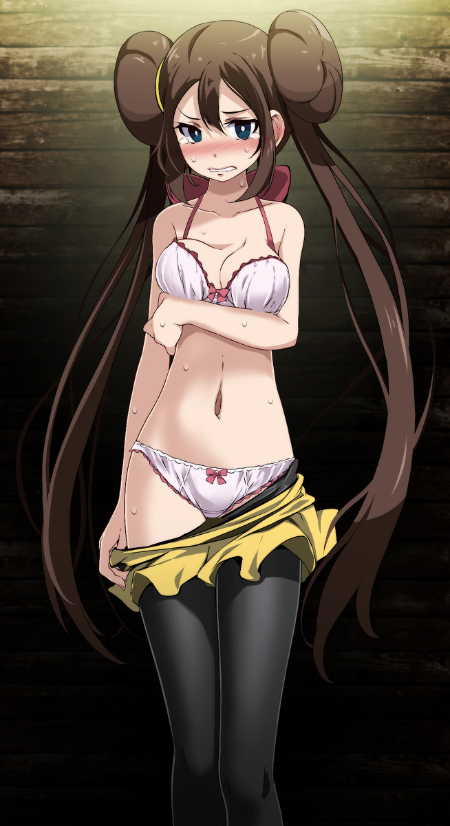 blush, bow, bow tie, bra, breasts, female, forced undressing, hair ornament, leggings, long hair, medium breasts, panties, pokemon, pokemon bw, rosa (pokemon), skirt, tears, tsukishiro saika, tsukisiro saika, twintails, underwear, undressing, white skin