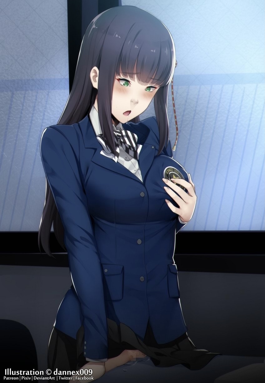1girls, black hair, censored, classroom, corner masturbation, dannex009, desk, female, female masturbation, green eyes, grinding, hifumi togo, masturbation, mosaic censoring, no panties, persona, persona 5, pussy, school uniform, solo female, table humping