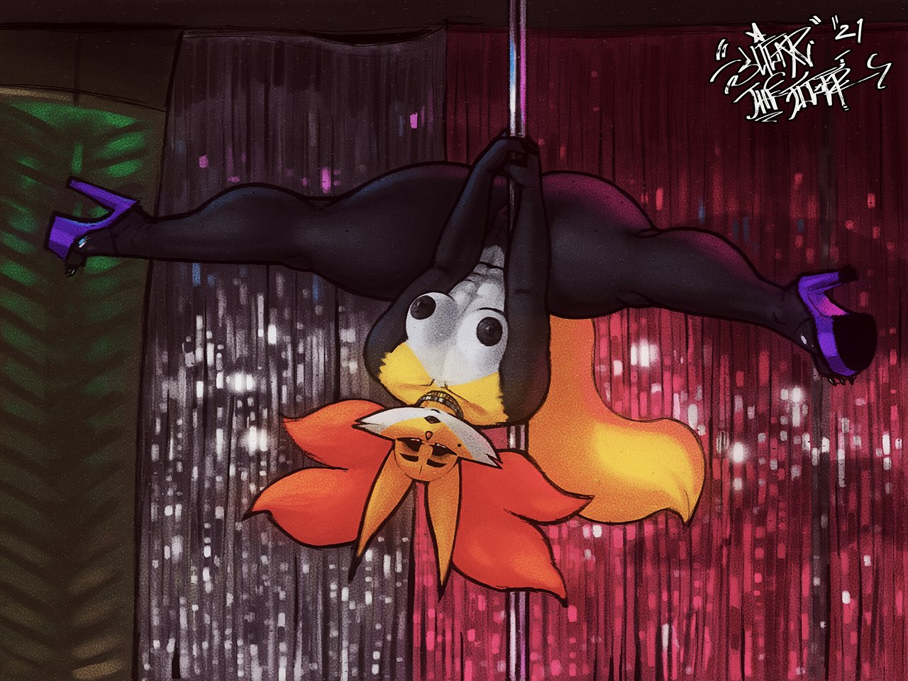 2021, 2d, 4:3, anthro, anthrofied, barely visible genitalia, barely visible pussy, beauty mark, black body, black fur, black nipples, breasts, dancing, delphox, female, flexible, footwear, fur, furry, furry only, genitals, heels, heels fetish, heels focus, high heel fetish, high heels, high heels focus, jewelry, lipstick, looking at viewer, mostly nude, multicolored body, multicolored fur, naked, naked footwear, narrowed eyes, necklace, nintendo, nipples, nude, platform footwear, platform heels, pokemon, pokemon (species), pokemon only, pole, pole dancing, pussy, red body, red fur, signature, sligarthetiger, solo, splits, spread legs, spreading, stripper pole, tail, thick thighs, upside down, upside-down, video games, white body, white fur, wide hips, yellow body, yellow fur
