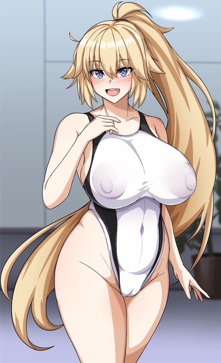 1girls, blonde hair, blue eyes, breasts, cameltoe, competition swimsuit, covered nipples, cowboy shot, fate (series), fate/grand order, female, glasses, hand on own chest, highleg, highleg swimsuit, huge breasts, jeanne d'arc (fate), jeanne d'arc (swimsuit archer) (fate), long hair, looking at viewer, muta poo, nipple bulge, one-piece swimsuit, ponytail, pussy, smile, solo, standing, swimsuit, white swimsuit