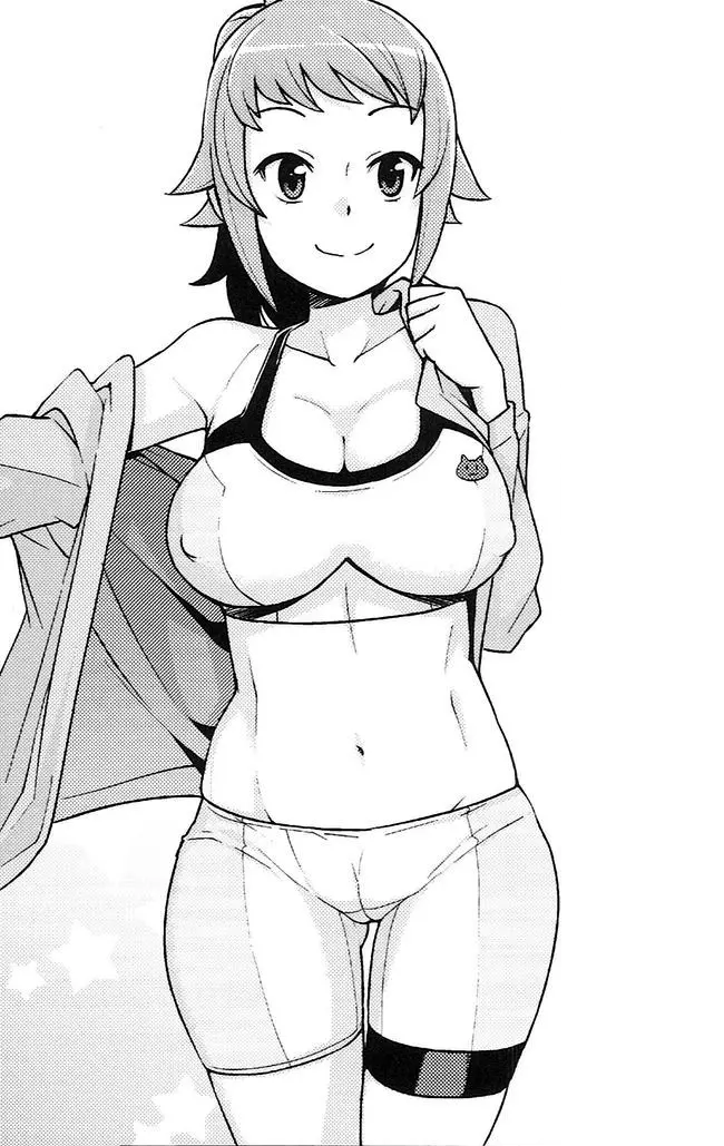 1girls big_breasts bike_shorts blonde_hair breasts busty cameltoe cleavage cleft_of_venus covered_erect_nipples female female_only gundam gundam_build_fighters gundam_build_fighters_try hoshino_fumina legs looking_at_viewer midriff monochrome navel orange_hair ponytail smile sports_bra tamagoro thighs toned voluptuous