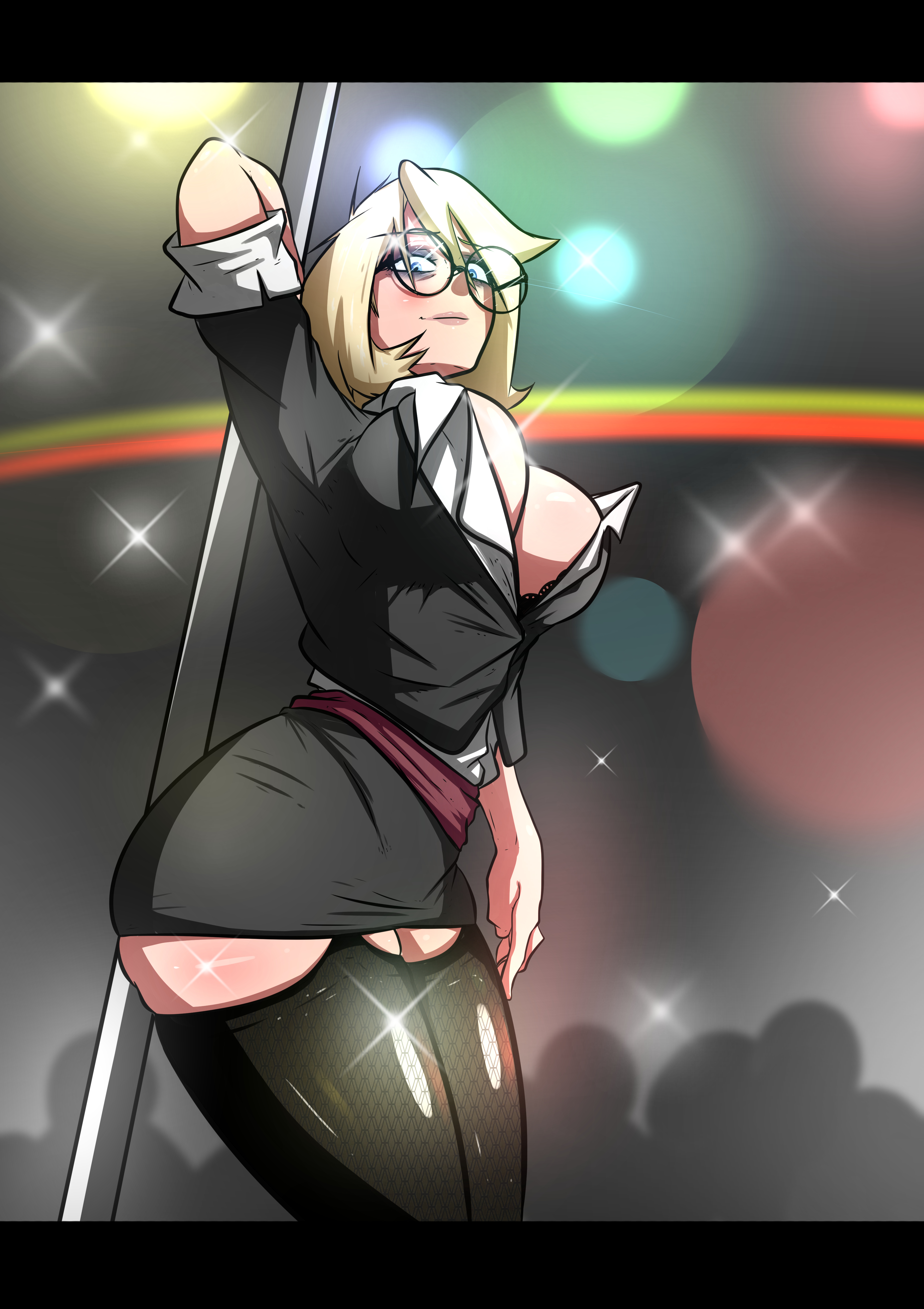 1girls, 2021, 2d, 2d (artwork), adult, adult female, ass, big breasts, blonde hair, blue eyes, blush, breasts, business suit, business woman, busty, cleavage, clothed, clothed female, crowd, female, female focus, female only, fully clothed, glasses, hourglass figure, human, human female, human only, large breasts, looking at viewer, looking down, microchip (artist), milf, miniskirt, no sex, office lady, original, original character, pose, posing, questionable, quinn's mom (microchip), short hair, skirt, sleeves rolled up, smirk, smirking at viewer, solo, solo female, stripper pole, thick thighs, thighhighs, wide hips