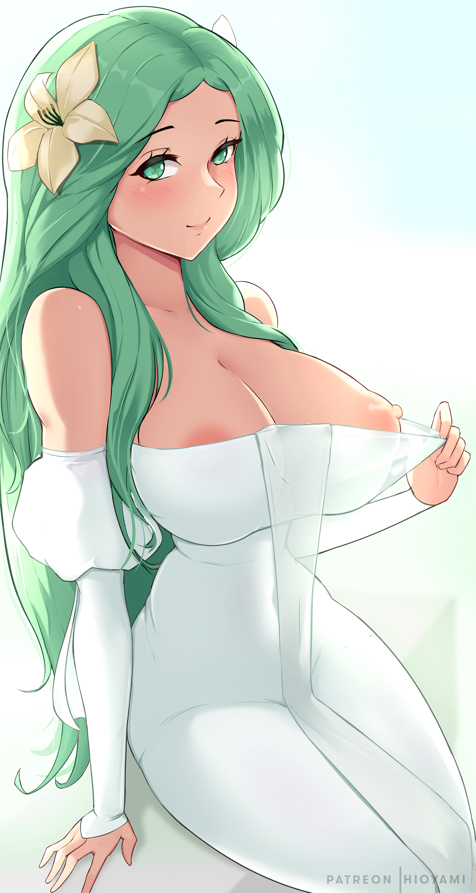 1girls, 2021, areolae, artist signature, bare shoulders, breasts, cleavage, collarbone, dress, erect nipples, female, female only, fire emblem, fire emblem: three houses, flashing, flower hair ornament, green eyes, green hair, hair flower, hi res, hioyami, huge breasts, large areolae, long hair, looking at viewer, nintendo, nipples, off shoulder, rhea (fire emblem), simple background, slim waist, smile, solo, teasing, thick thighs, thighs, undressing, white background, white clothing, wide hips