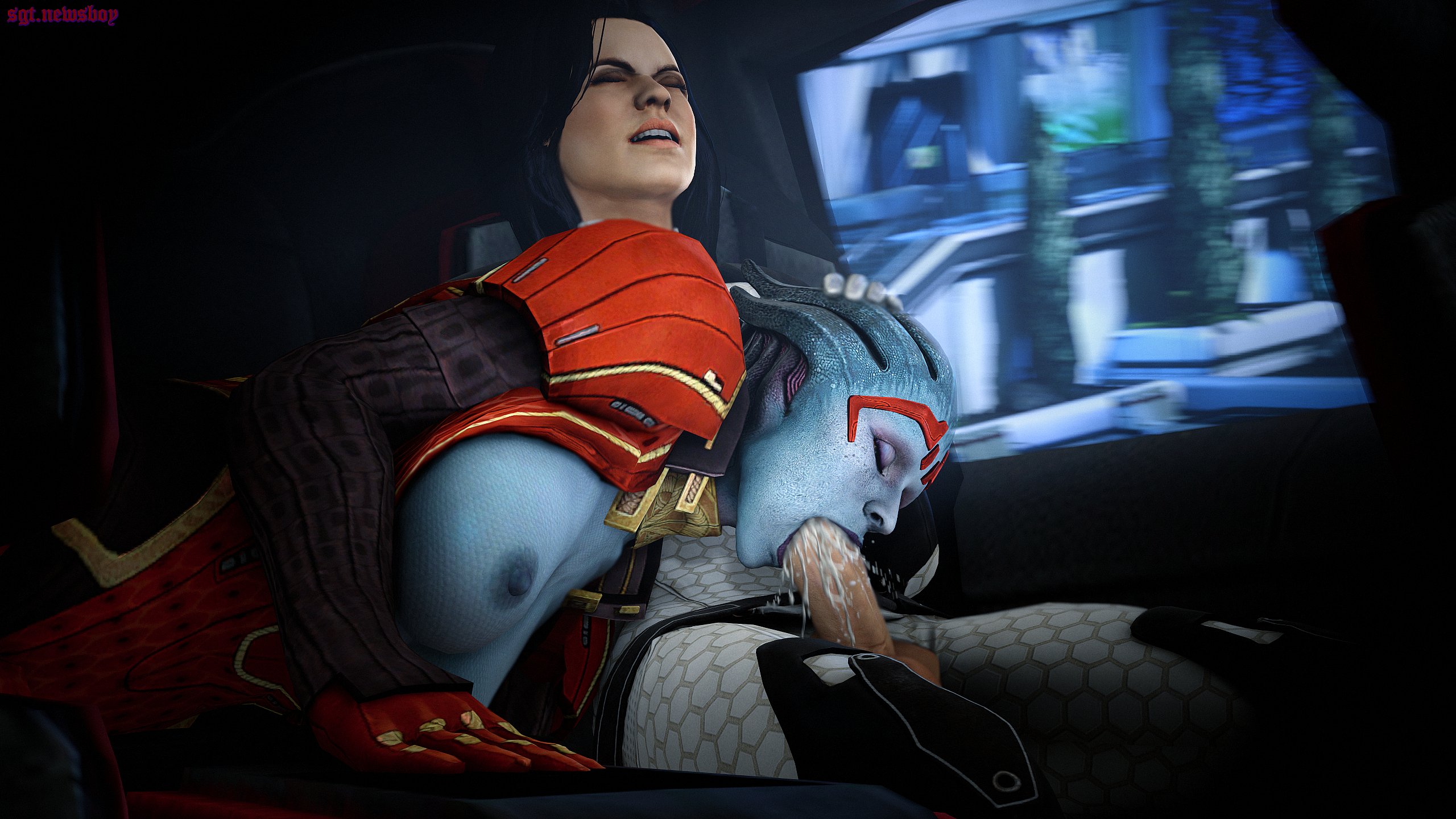 1futa, 1girls, 3d, alien girl, areolae, asari, big breasts, breasts, cum, cum in mouth, cum inside, erection, fellatio, female, futa on female, futanari, human, human penetrating, intersex, large breasts, mass effect, miranda lawson, nipples, oral, penis, samara, sgtnewsboy, source filmmaker