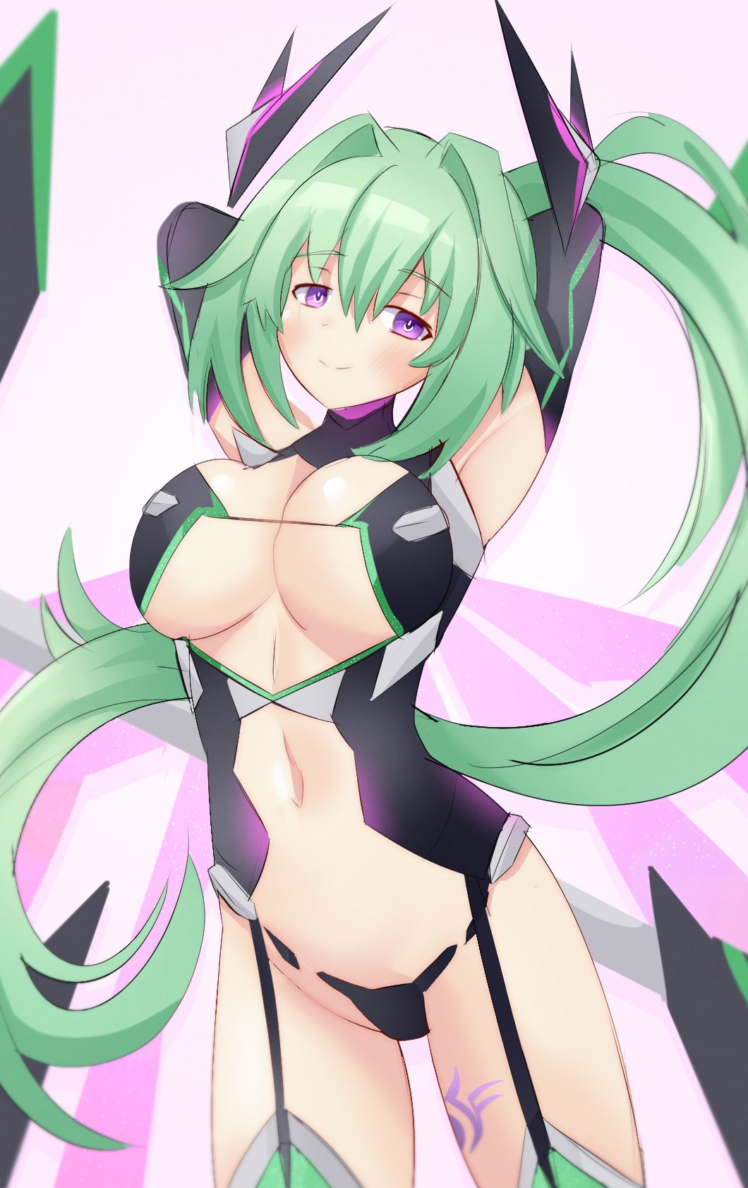 1girls alternate_costume armpits arms_behind_head big_breasts breasts busty cleavage female female_only green_hair green_heart green_heart_(neptunia) half-closed_eyes highres large_breasts leg_tattoo long_hair looking_at_viewer navel neptune_(series) neptunia_(series) official_alternate_costume ponytail pose posing purple_eyes seductive_look seductive_smile sensual smile solo tattoo underboob vert voluptuous