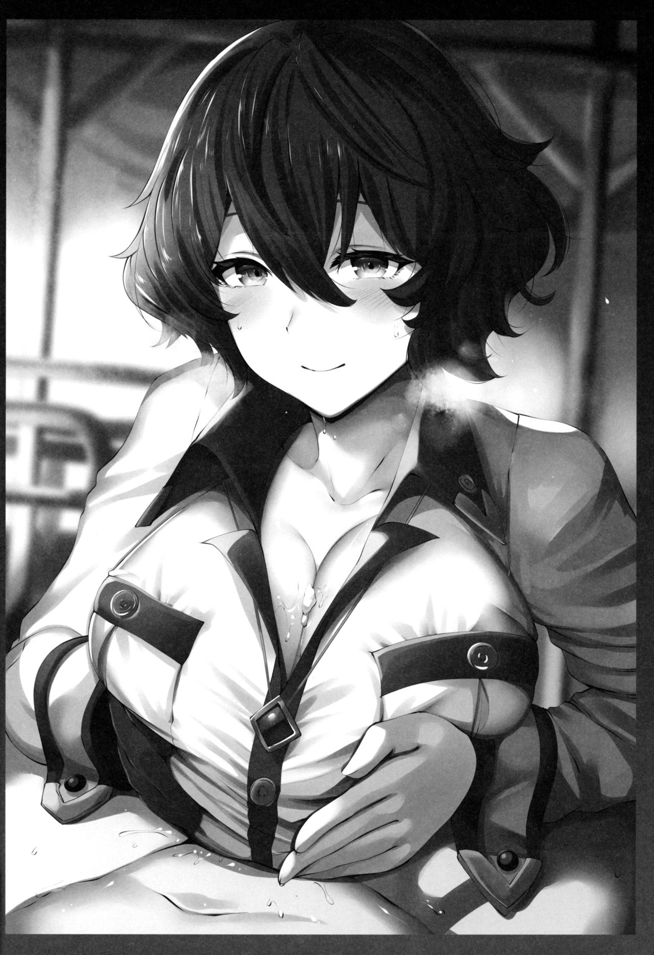 1boy, 1girls, belko, boobjob, breasts, cleavage, clothed female nude male, code vein, cum, cum between breasts, cum on breasts, engulfing paizuri, female, huge breasts, karen (code vein), karen amamiya, lolicept, male, male pov, monochrome, outercourse, paizuri, paizuri lead by female, paizuri under clothes, pov, short hair, smile