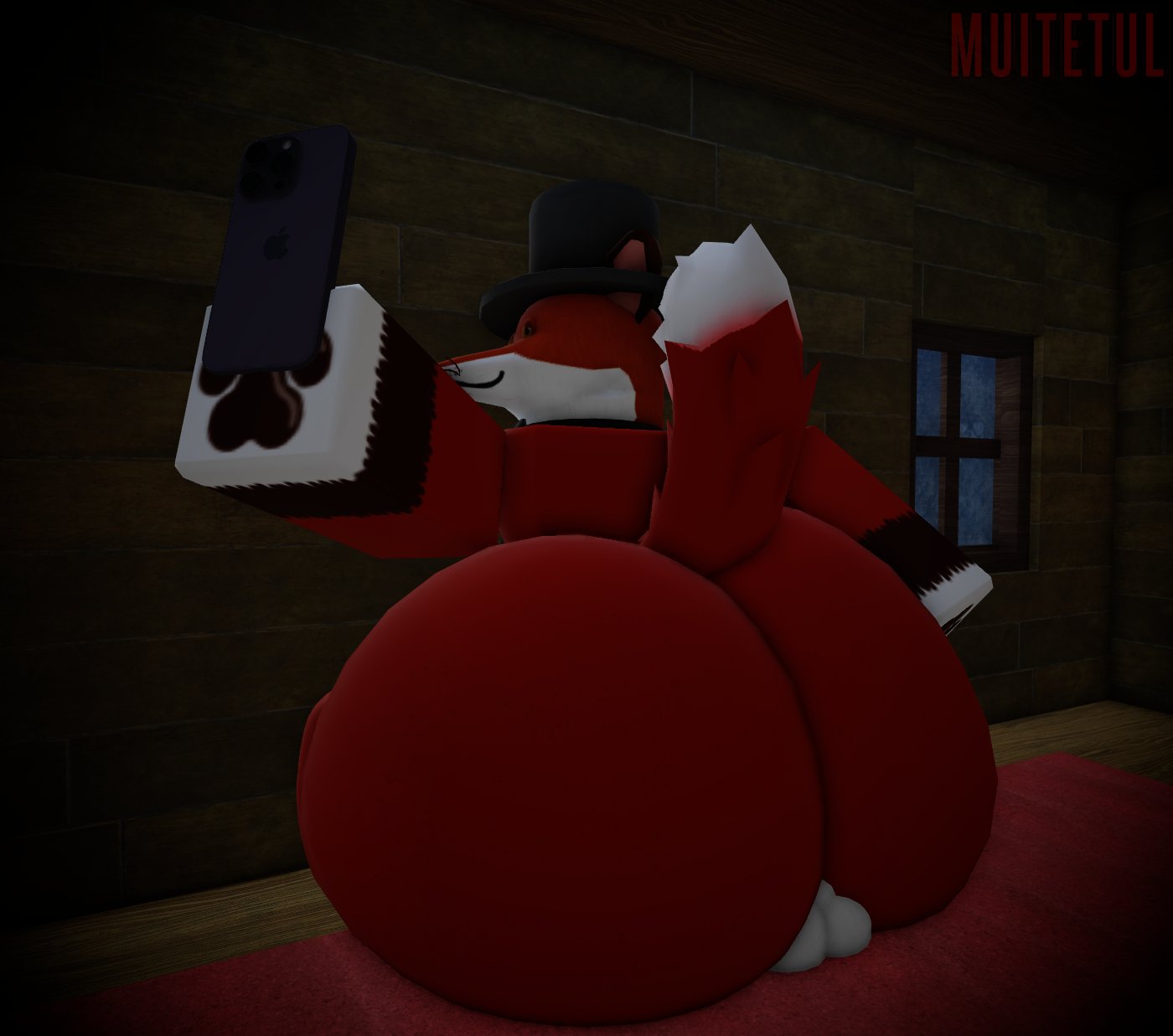 1boy anthro backsack balls bed big_ass big_ass_(male) big_butt canid canine fancy_fox_(roblox) femboy fluffy_tail fox fox_ears fox_tail furry furry_only huge_ass huge_butt male male_focus male_only muitetul on_bed paws phone red_body red_fur roblox robloxian selfie tagme tail top_hat