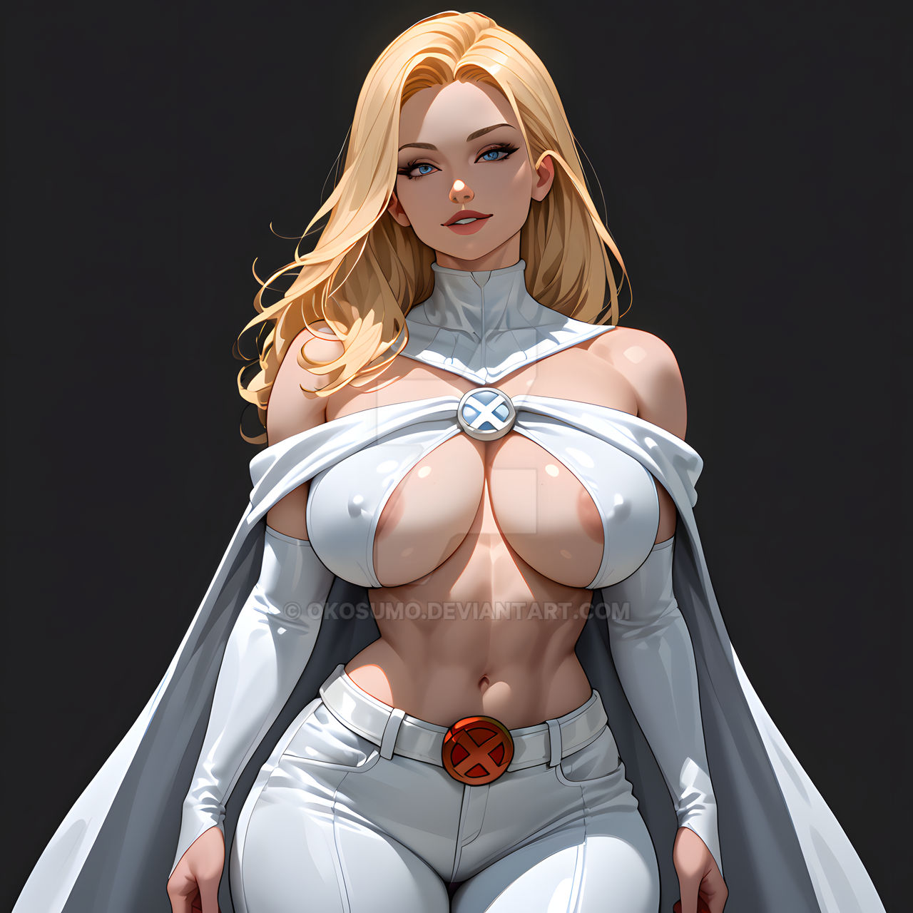 abs ai_generated blonde_female blonde_hair blue_eyes cleavage emma_frost female female_only large_breasts marvel marvel_comics milf nipple_slip nipples okosumo toned_female white_queen x-men