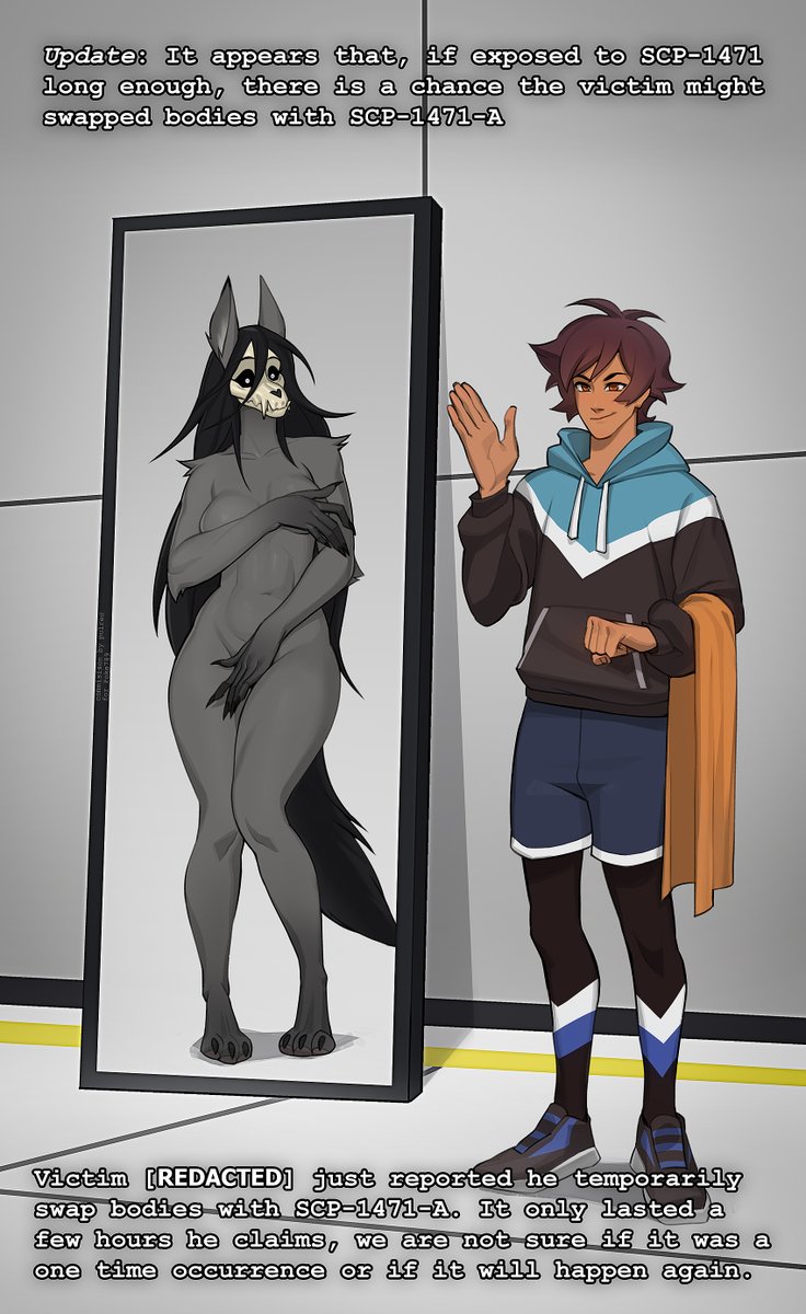 1boy 1girls abs animal_tail body body_swap brown_hair clothed clothed_male_nude_female covering covering_breasts covering_crotch dark-skinned_male furry humiliation jacket long_hair mirror navel nude nude_female pulred scp-1471 scp-1471-a scp_foundation shorts skull_head socks tail trapped wendigo wolf wolf_ears wolf_girl wolf_tail