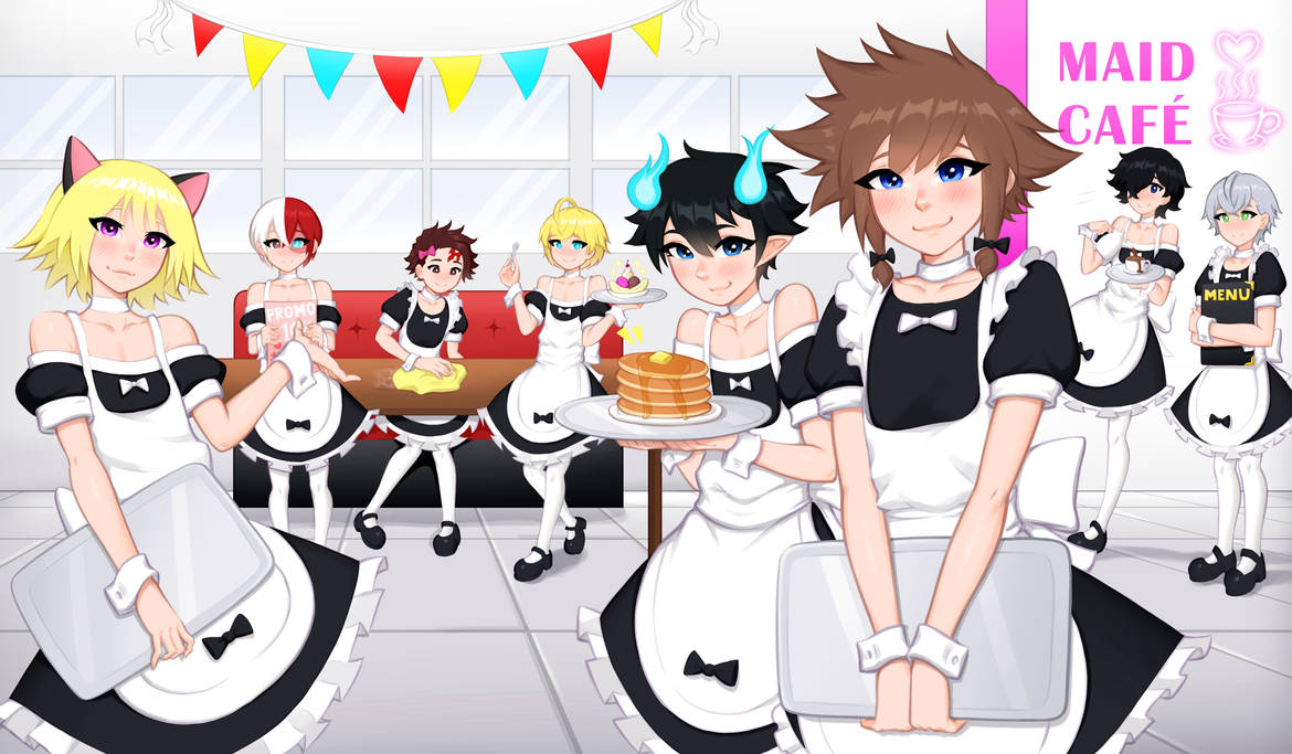 2d, 6+boys, animal ears, anime style, ao no exorcist, ashe ubert, blonde hair, brown hair, cafe, clothed, clothed male, color, creeperwisp, crossdressing, crossover, cute boy, cute male, demon slayer, femboy, femboy only, fire emblem, fire emblem: three houses, fluffy ears, fluffy hair, fully clothed, hellsing, joker (persona), kingdom hearts, maid apron, maid dress, maid outfit, maid uniform, male, male only, multiple boys, multiple males, my hero academia, non-nude, okumura rin, persona 5, ren amamiya, schrodinger, shouto todoroki, sora (kingdom hearts), spikey hair, tanjiro kamado, twink, white hair, xenoblade chronicles