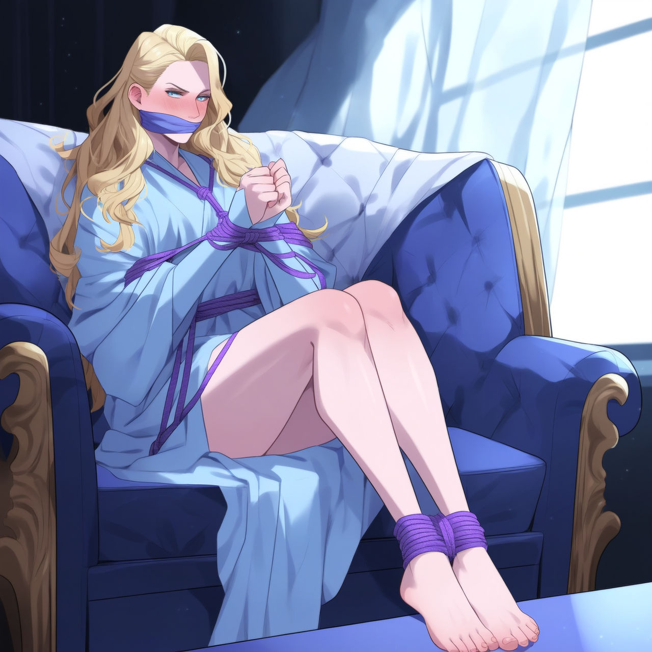 ai_generated bathrobe blackjackmacbastard blonde_female blonde_hair bound_and_gagged cloth_gag emma_frost female female_only gagged marvel marvel_comics over_the_mouth_gag white_queen x-men