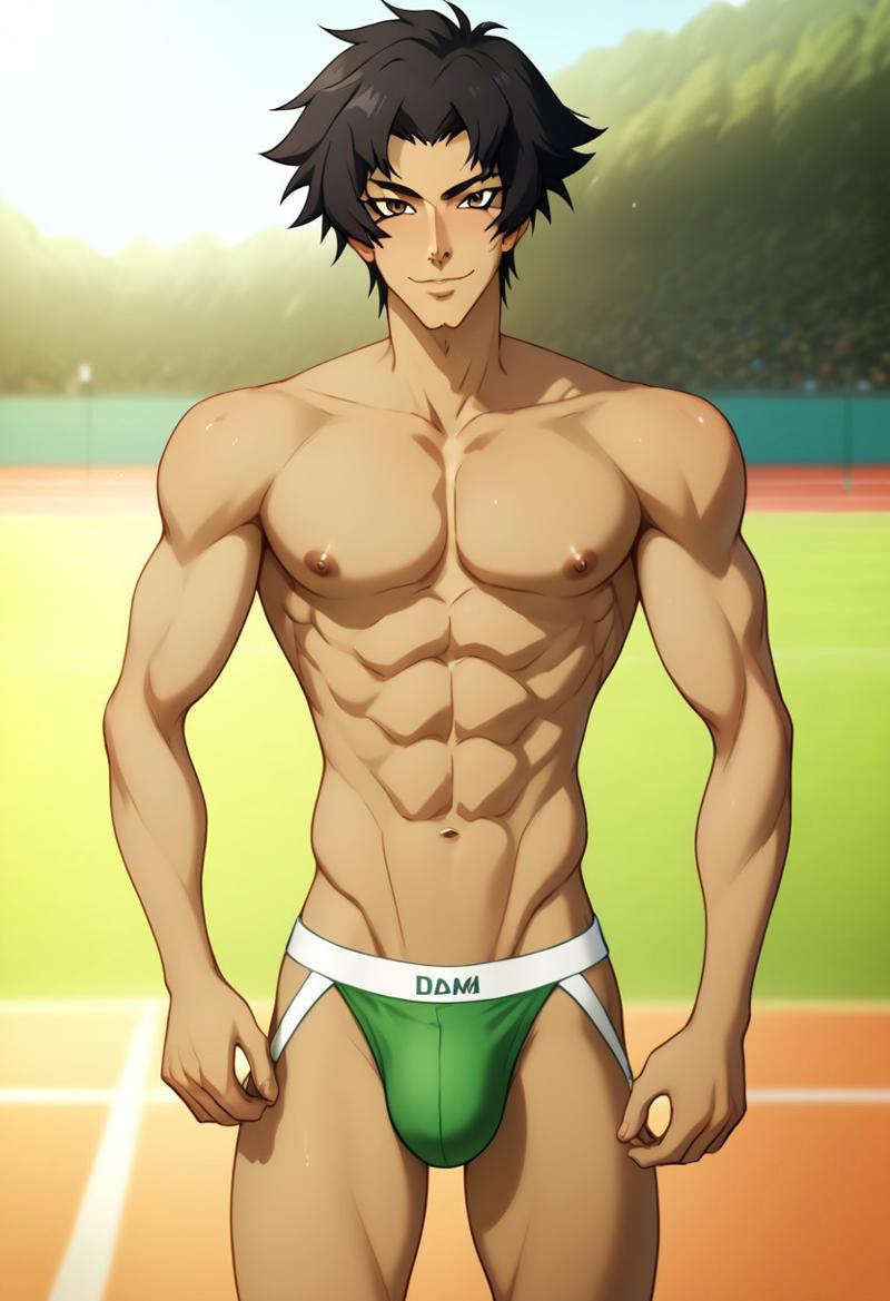 1boy 1human 1male 1man abs ai_generated akira_fudou biceps black_hair blush brown_eyes devilman devilman_crybaby gay jockstrap jockstrap_only looking_at_viewer male male_only muscular muscular_male nipples pecs pectorals smile toned_body toned_male twall97