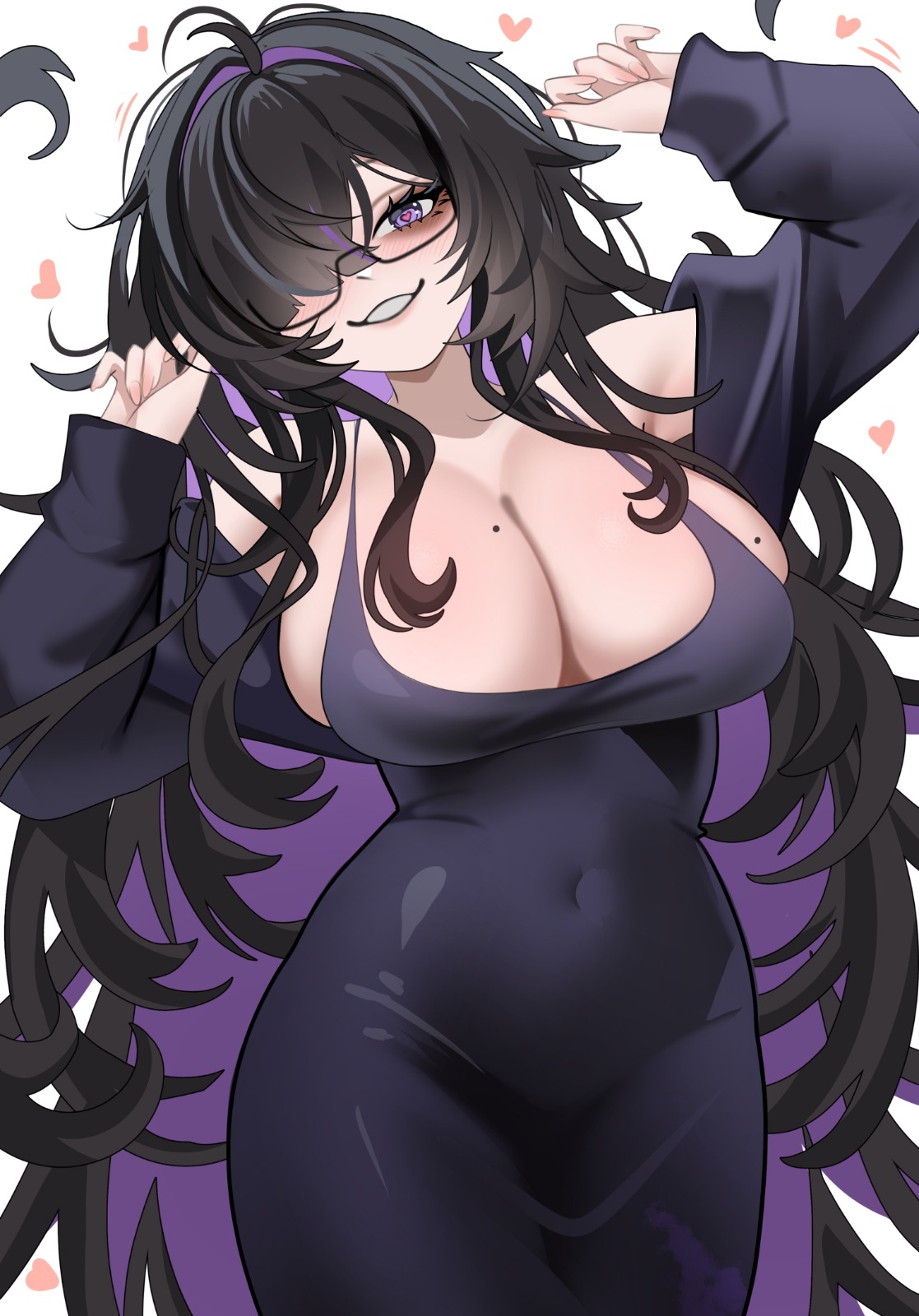 1girls, bare shoulders, black glasses, black-framed eyewear, breasts, cleavage, clothing, colored inner hair, covered navel, dress, glasses, goddess of victory: nikke, hair over one eye, label (nikke), large breasts, long dress, looking at viewer, messy hair, mole, mole on breast, multicolored hair, simple background, solo, solo female, solo focus, two-tone hair, velmillix, white background