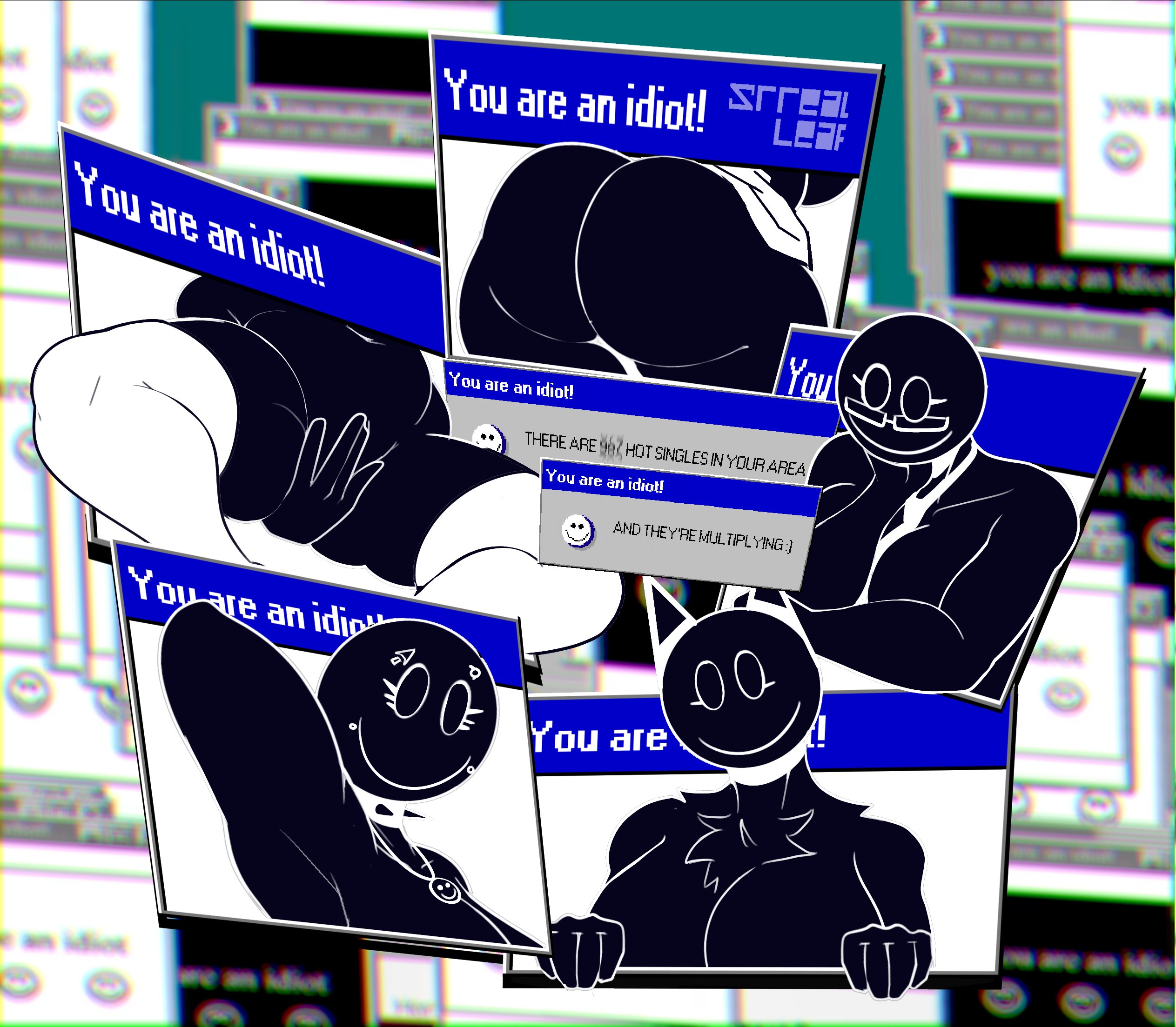 2025, 2d (artwork), 2d artwork, 5girls, ass, bald, big ass, big breasts, big butt, black and white, black body, black fur, breaking the fourth wall, breasts, breasts bigger than head, breasts out, cat ears, chest fur, choker, collar, dot eyes, eyelashes, female, female only, fourth wall, hiding, hiding pussy, high socks, huge ass, huge breasts, huge butt, inverted color, long socks, looking at viewer, malware (technology), meme, microsoft, microsoft windows, no hair, presenting, skirt, skirt lift, skirt up, smile, smile at viewer, smiley face, smileys, socks, spiked collar, srrealleaf, staring at viewer, stomach, text, text box, thick, thick ass, thick hips, thick legs, thick thighs, thigh highs, thighhighs, thighs, tie, virus, windows 95, windows 98, you are an idiot!