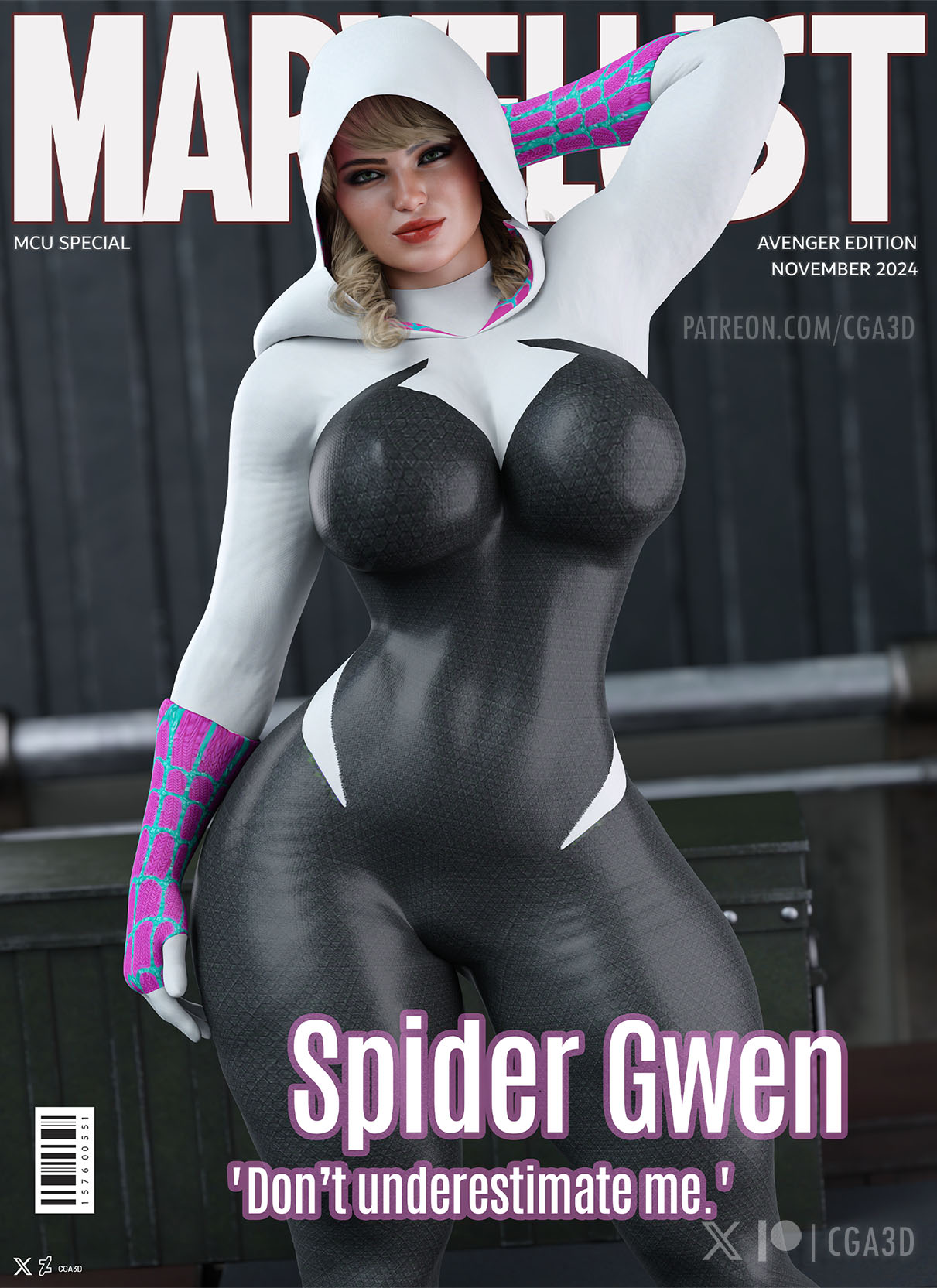 1girls 3d ass big_ass big_breasts breasts cga3d emma_stone erotichris female female_only ghost-spider gwen_stacy hood hood_up hourglass_figure looking_at_viewer looking_back magazine magazine_cover marvel marvel_cinematic_universe marvel_comics patreon_username solo spider-gwen spider-man_(series) teenage_girl teenager the_amazing_spider-man thick_thighs watermark