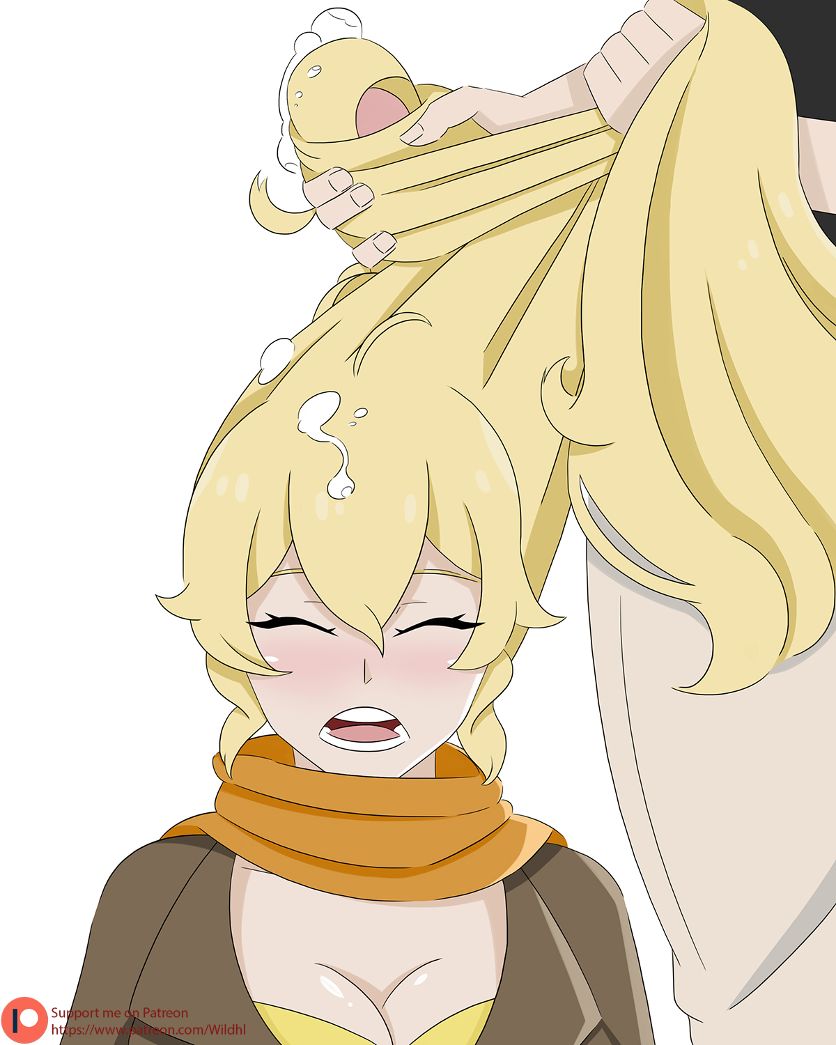 1boy, 1girls, blonde hair, blush, cum, cum on hair, eyes closed, female, hair grab, hairjob, long hair, male, rwby, straight, unseen male face, wildhl, yang xiao long