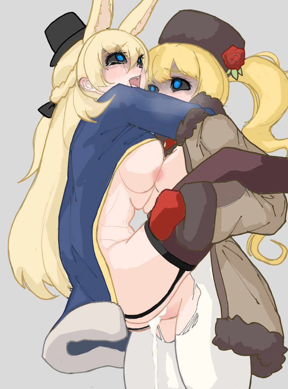 2girls black_hat black_sclera blonde_hair blue_coat blue_eyes braid brown_coat coat colored_sclera crying cum cum_in_pussy flower futanari gloves grey_background grimms_echoes hat highres inyuuai long_hair multiple_girls open_mouth pantyhose red_gloves reverse_suspended_congress revision rose sex simple_background tears top_hat torn_clothes torn_pantyhose upright_straddle vaginal_penetration void_gerda_(grimms_echoes) void_white_rabbit_(grimms_echoes) white_pantyhose winter_gloves yuri