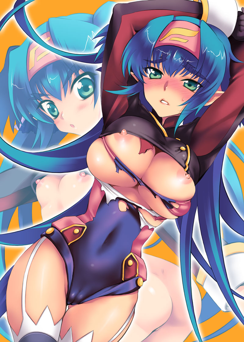 1girls blush bodysuit breasts cameltoe clothing female green_eyes headband klan_klein large_breasts macross macross_frontier pointy_ears solo stockings thighhighs torn_clothes uk-works zentradi