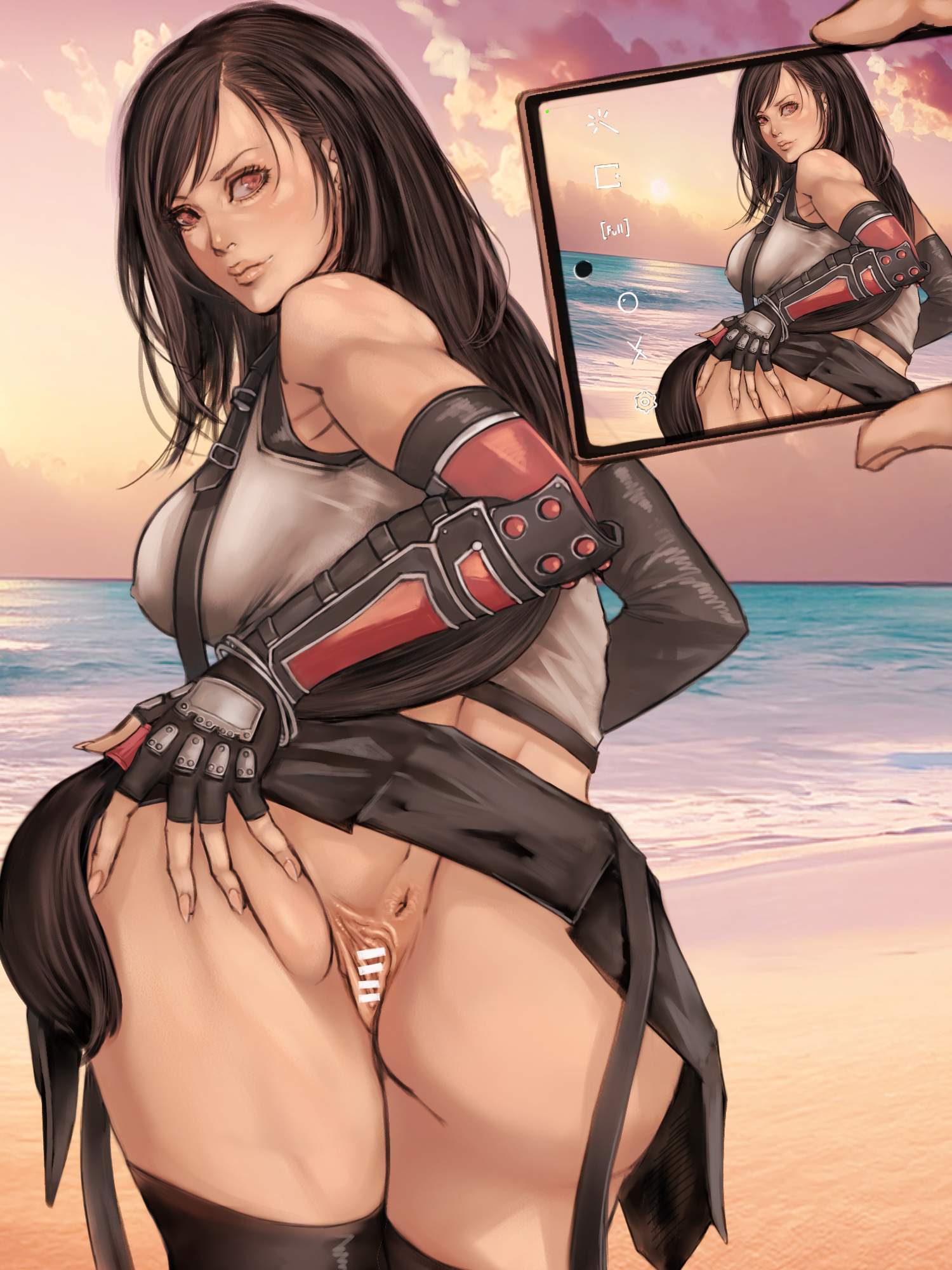 1girls 2d anne_birkenau ass bubble_butt busty female female_focus final_fantasy final_fantasy_vii final_fantasy_vii_remake going_commando hourglass_figure no_panties phone phone_camera phone_screen phone_view rear_view serizawa_an_ne tagme tifa_lockhart wide_hips