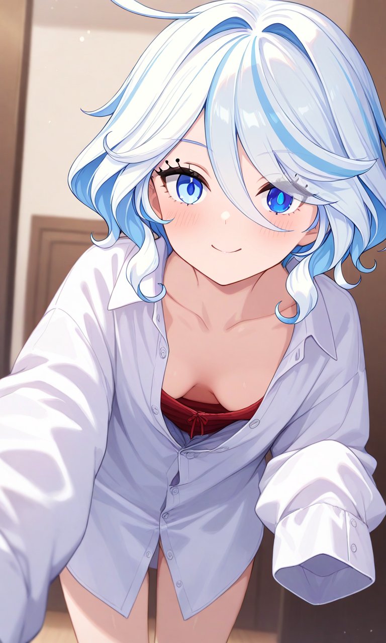 ai_generated blue_eyes blue_hair blush breasts cleavage clothing collarbone down_blouse eye_contact female furina_(genshin_impact) genshin_impact light-skinned_male light_skin long_sleeves looking_at_viewer oversized_clothes pajamas smile white_hair