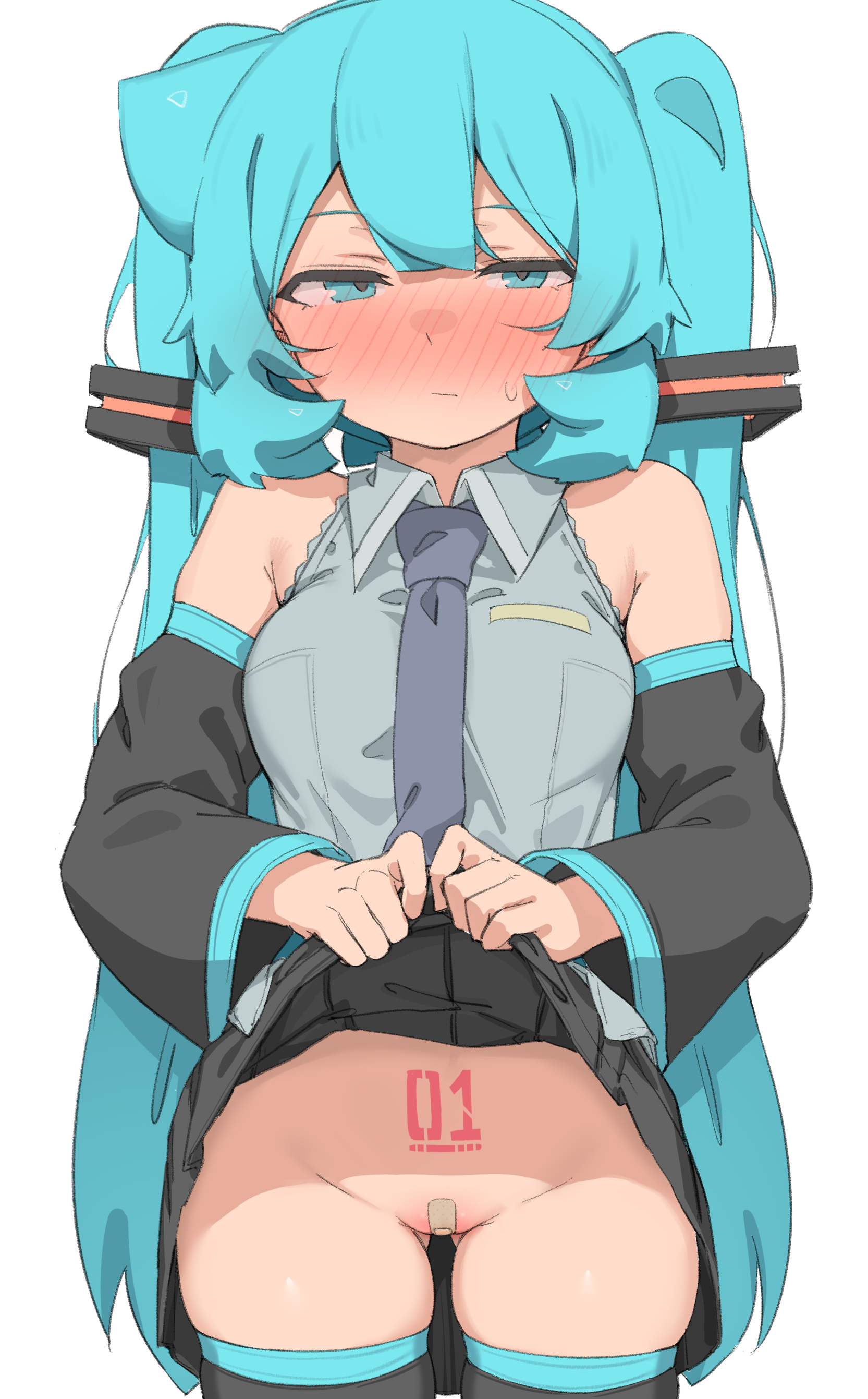 1girl, 1girls, abmayo, absurdres, bandaid, bandaid on pussy, bangs, bare shoulders, black skirt, black sleeves, black thighhighs, blue eyes, blue hair, blush, breasts, closed mouth, clothes lift, collared shirt, commentary request, detached sleeves, gluteal fold, green hair, grey necktie, grey shirt, groin, hair ornament, hatsune miku, hi res, highres, lifted by self, lifting own clothes, long hair, long sleeves, looking at viewer, medium breasts, miniskirt, necktie, no panties, nose blush, number tattoo, pleated skirt, pubic tattoo, shiny, shirt, simple background, skindentation, skirt, skirt lift, solo, tattoo, thighhighs, twintails, very long hair, vocaloid, white background