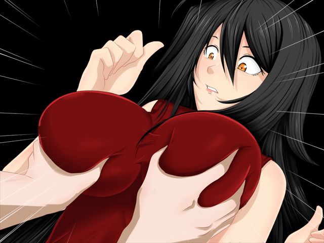 1boy 1girls ayame_(fleeting_iris) black_hair breast_grab breasts fleeting_iris game_cg grabbing grabbing_another's_breast grabbing_breasts groping groping_breasts large_breasts orange_eyes red_turtleneck sleeveless sleeveless_turtleneck surprised turtleneck