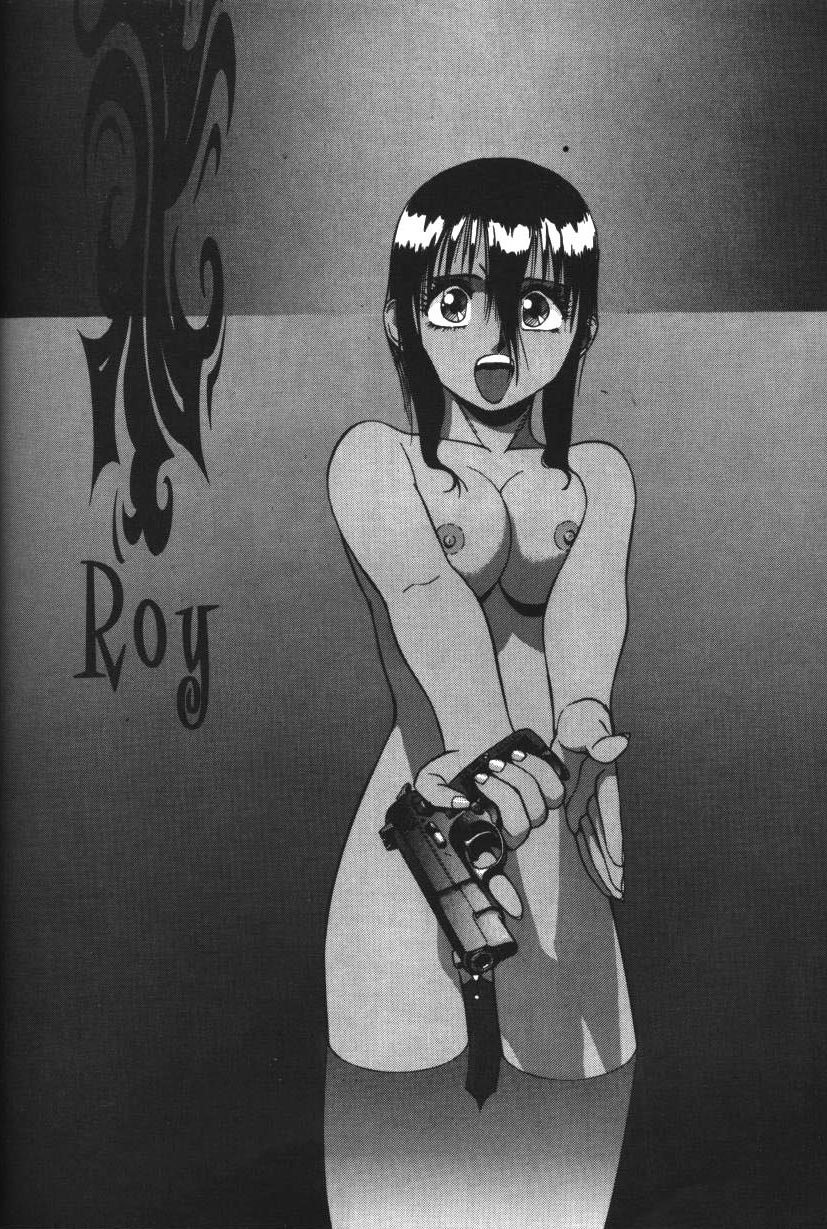 1girls black_hair breasts censored convenient_censoring dark-skinned_female dark_skin female greyscale gun gunsmith_cats highres human large_breasts monochrome nipples nude rally_vincent short_hair solo sonoda_ken'ichi weapon wet