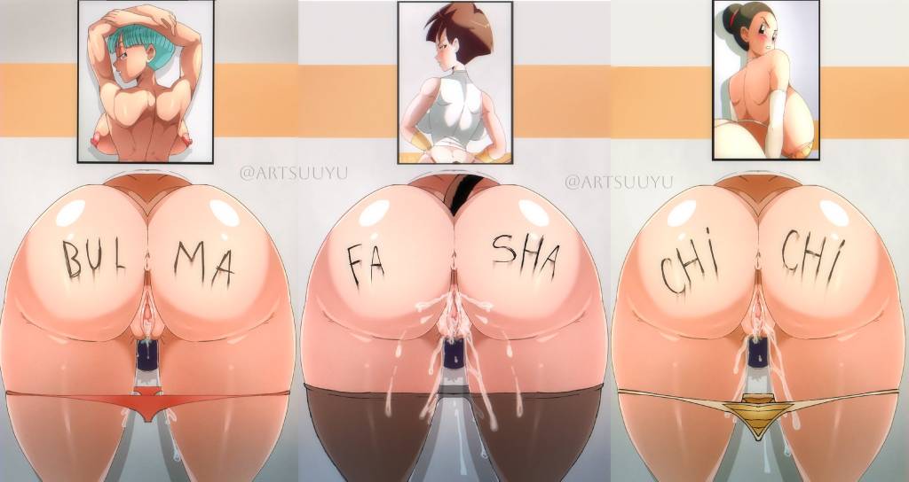 3girls ass big_ass big_breasts black_hair blue_hair body_writing breasts brown_hair bulma_briefs chichi cum cum_in_pussy cum_inside dragon_ball dragon_ball_z female female_only huge_ass huge_breasts large_ass large_breasts milf pussy seripa suyuu_art