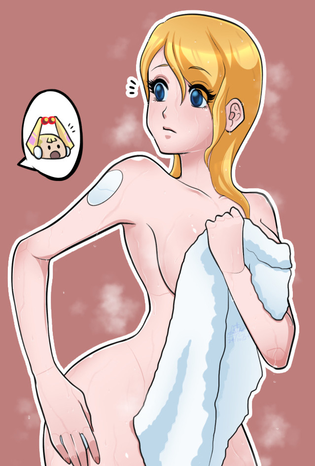 1girls after_bath alia almost_naked almost_nude big_breasts blonde_hair blue_eyes mega_man mega_man_x mega_man_x_dive pallette robot_girl