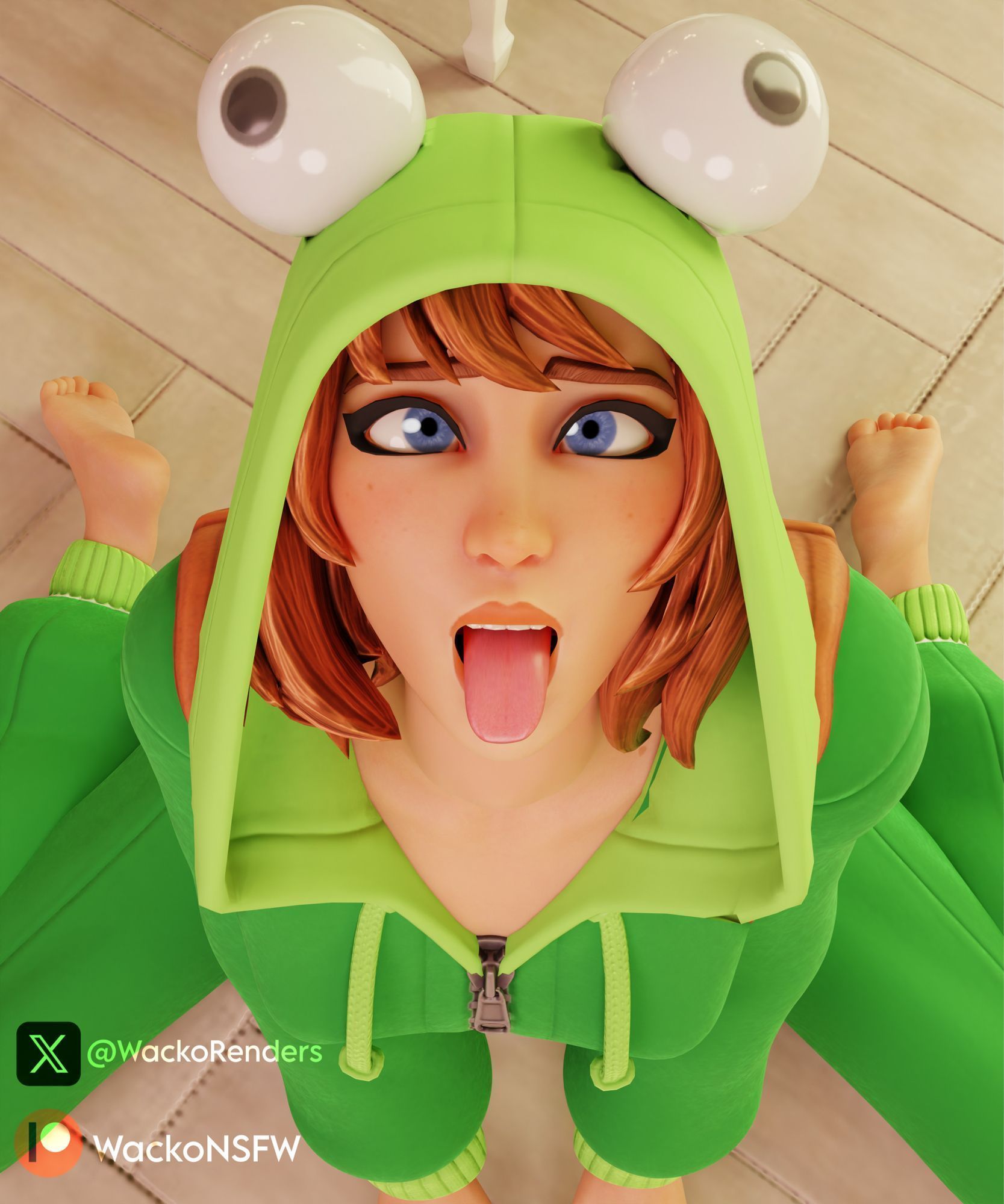 3d, ahe gao, blue eyes, brown hair, female, fetish, fortnite, fortnite: battle royale, onesie (fortnite), tongue, wackorenders, wonder onesie