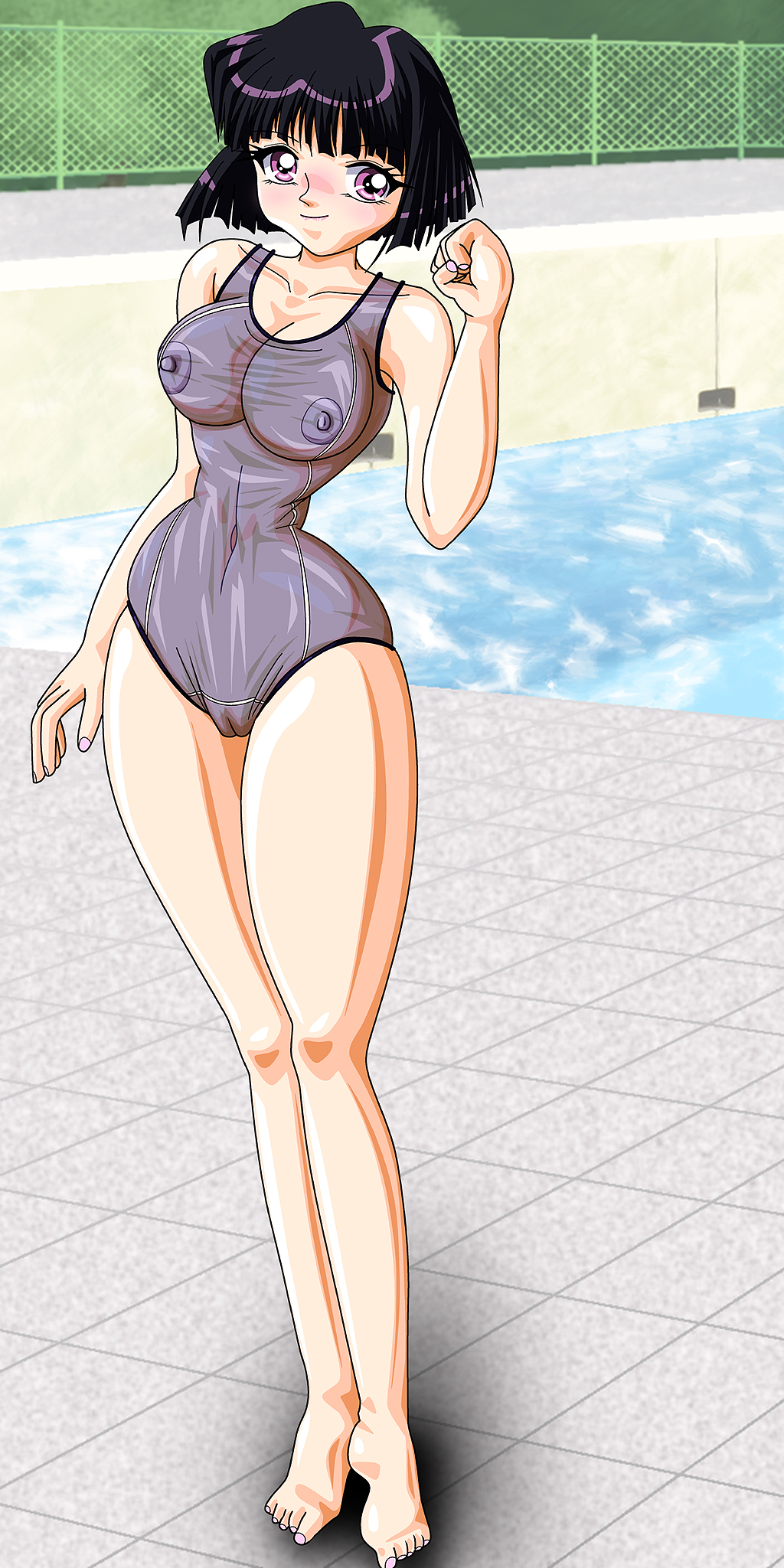 bikabika bishoujo_senshi_sailor_moon female female_only hotaru_tomoe large_breasts looking_at_viewer one-piece_swimsuit pool pose posing see-through see-through_swimsuit solo swimsuit tagme