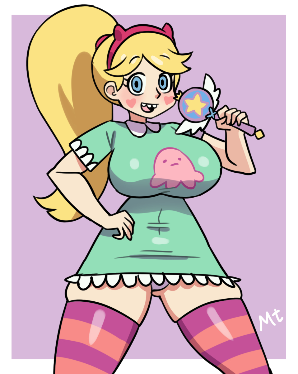 blonde_hair blue_eyes blush breasts cleavage clothed clothing disney disney_channel female female_only leggings legs legwear light_skin mateo_(artist) star_butterfly star_vs_the_forces_of_evil stockings tagme tongue