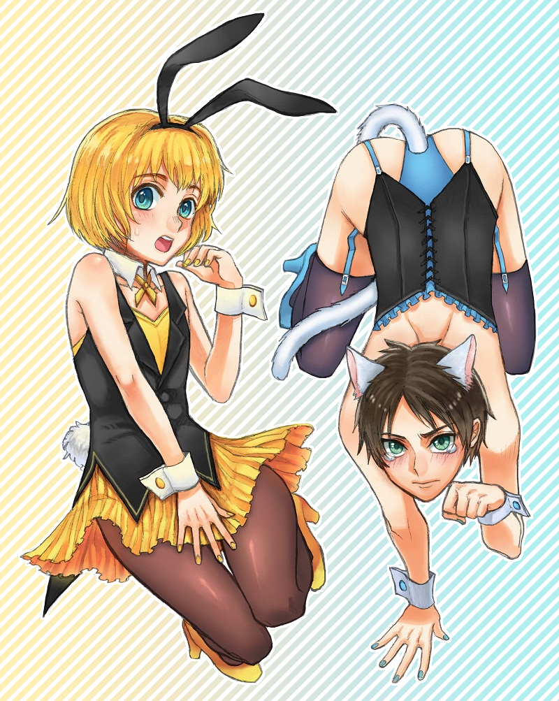 2boys armin_arlert attack_on_titan background_pattern blush blushing_at_viewer blushing_male bunny_boy bunny_costume bunny_ears bunny_suit bunny_tail bunnysuit cat_ears cat_tail catboy collared_shirt corset covering_crotch cuff_links eren_jaeger eren_yeager femboy fully_clothed garter_belt garter_straps gurio high_heels male_only painted_fingernails painted_nails pantyhose shingeki_no_kyojin simple_background skirt suggestive_posing twink usamin vest