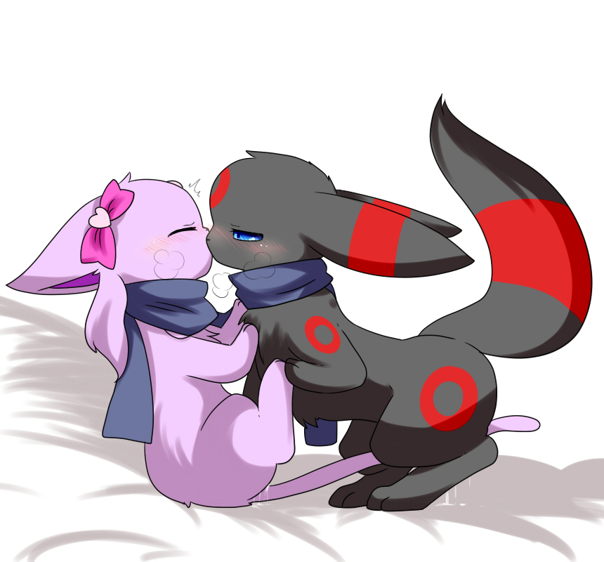 bedding bedding_background blush bodily_fluids bow_ribbon duo eeveelution espeon female female/female feral generation_2_pokemon genital_fluids heart_symbol kissing nintendo pokemon pokemon_(species) scarf shippoikka tail umbreon vaginal_fluids