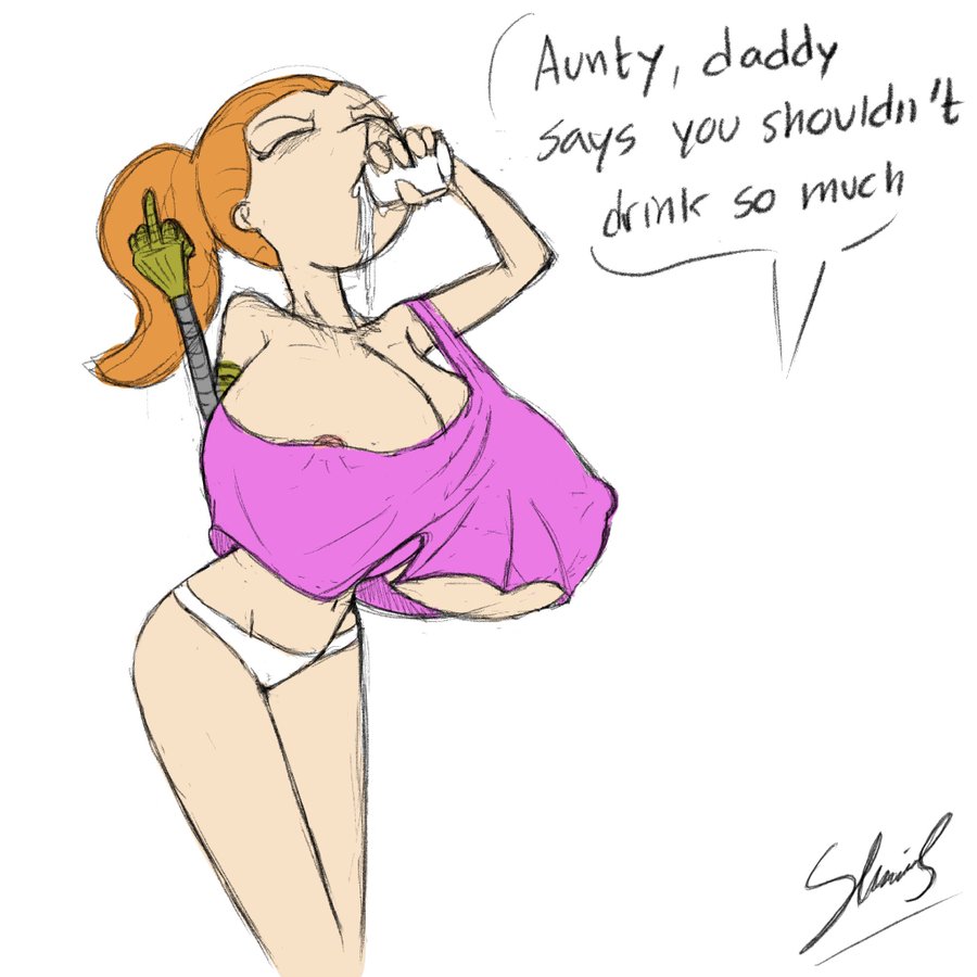 adult, aged up, alcohol, alcoholic drink, areola, areola slip, big breasts, braless, breasts, breasts bigger than head, clavicle, cleavage, cleft of venus, closed eyes, collarbone, color, dialogue, drinking, drunk, female, flipping off, ginger, large breasts, legs together, middle finger, navel, nipple bulge, nipple slip, nipples, no bra, no pants, offscreen character, panties, pantless, prosthetic, prosthetic arm, red hair, rick and morty, robotic arm, solo, solo focus, stammis, summer smith, underboob, young