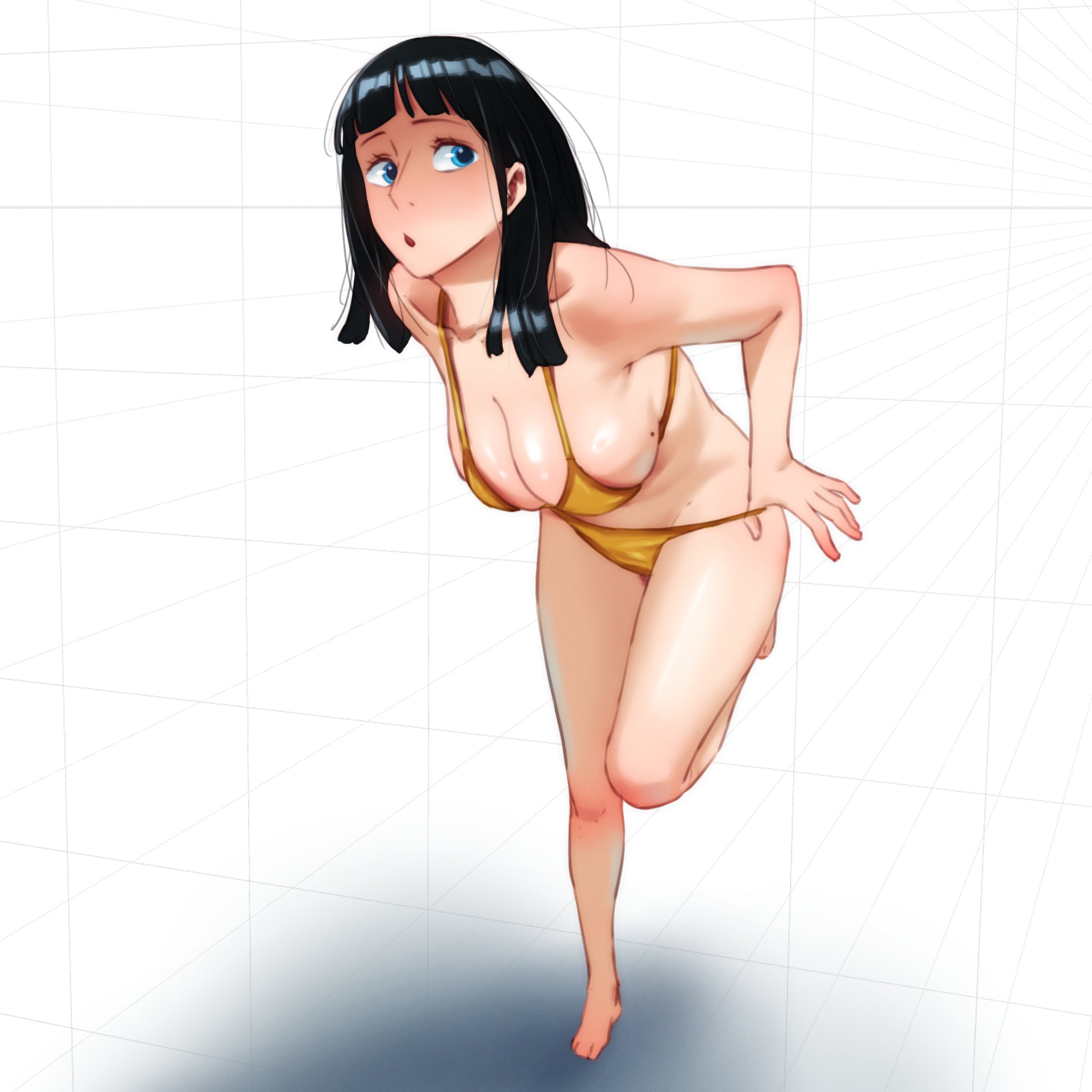 1girls, bare armpits, bare arms, bare belly, bare calves, bare chest, bare hands, bare hips, bare knees, bare legs, bare midriff, bare navel, bare shoulders, bare skin, bare thighs, barefoot, belly, belly button, bikini, bikini bottom, bikini only, bikini top, black hair, black-haired female, blue eyes, blue-eyed female, blunt bangs, breasts, calves, cleavage, clothing, collarbone, curvaceous, curvaceous body, curvaceous female, curvaceous figure, curvaceous hips, curvy, curvy body, curvy female, curvy figure, curvy hips, elbows, exposed armpits, exposed arms, exposed belly, exposed chest, exposed hips, exposed legs, exposed midriff, exposed navel, exposed shoulders, exposed skin, exposed thighs, feet, female, female focus, female only, fingers, full body, futz 11, groin, halterneck, high resolution, highres, hourglass figure, knees, large breasts, lean figure, leaning forward, legs, long hair, midriff, mole, mole on breast, narrow waist, navel, nico robin, one piece, shoulders, simple background, slender body, slender waist, slim waist, solo, standing, string bikini, swimsuit, swimwear, thighs, white background, wide hips, yellow bikini, yellow bikini bottom, yellow bikini top, yellow string bikini, yellow swimsuit, yellow swimwear