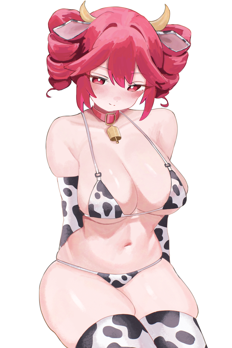 1girls blush collar cow_bikini cow_ears cow_girl cow_horns cow_print cowbell female female_focus female_only kasane_teto large_breasts red_eyes red_hair short_hair solo solo_female solo_focus twin_drills utau