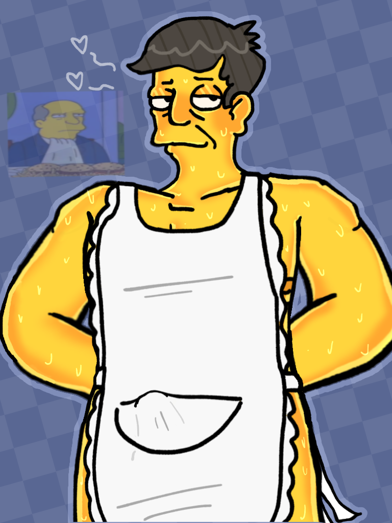 20th_century_fox 20th_century_studios apron apron_only arms_behind_back blue_background blush boner bulge bulge_through_clothing gay gray_hair half-closed_eyes heart_around_head looking_at_viewer male male_only meme naked neillol nipples older_male self_upload seymour_skinner simple_background steamed_hams superintendent_chalmers the_simpsons yellow_skin