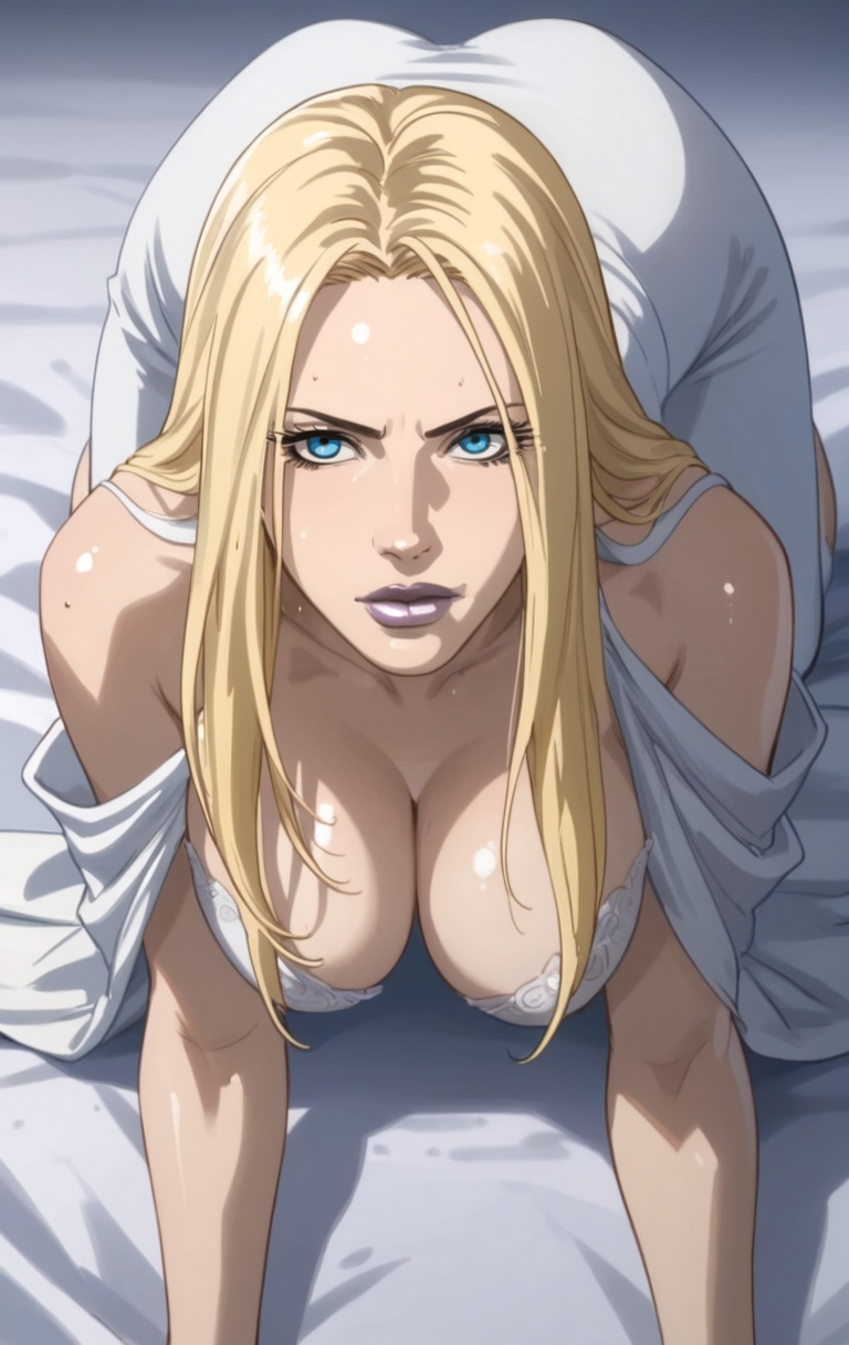 ai_generated all_fours blonde_female blonde_hair blue_eyes cleavage eepol emma_frost female female_only large_breasts marvel marvel_comics milf white_queen x-men x-men_anime