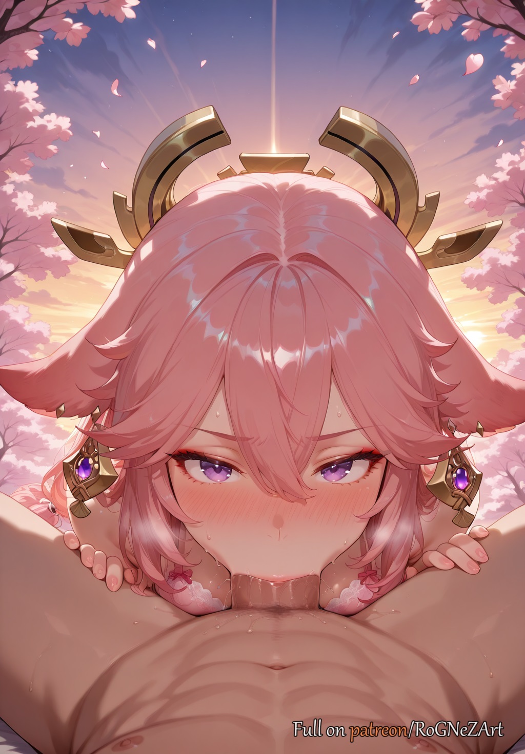 :>=, 1boy, 1girls, 2025, ai generated, animal ears, anime, bangs, bare shoulders, blowjob, blush, bra, breasts, cat ears, cherry blossoms, cleavage, crossover, deepthroat, earrings, erection, explicit, exposed nipples, eye contact, female, female focus, fingernails, flushed, fox ears, genshin impact, hair accessory, hair between eyes, hair ornament, heavy breathing, highres, hoyoverse, jewelry, long hair, looking at viewer, male, midriff, mihoyo, nail polish, navel, nipples, oral, outdoors, patreon, penis, petals, pink hair, pink nails, pov, purple eyes, rognezart, saliva, sky, solo, solo focus, straight, sunset, sweat, sweaty, uncensored, underwear, very long hair, yae miko