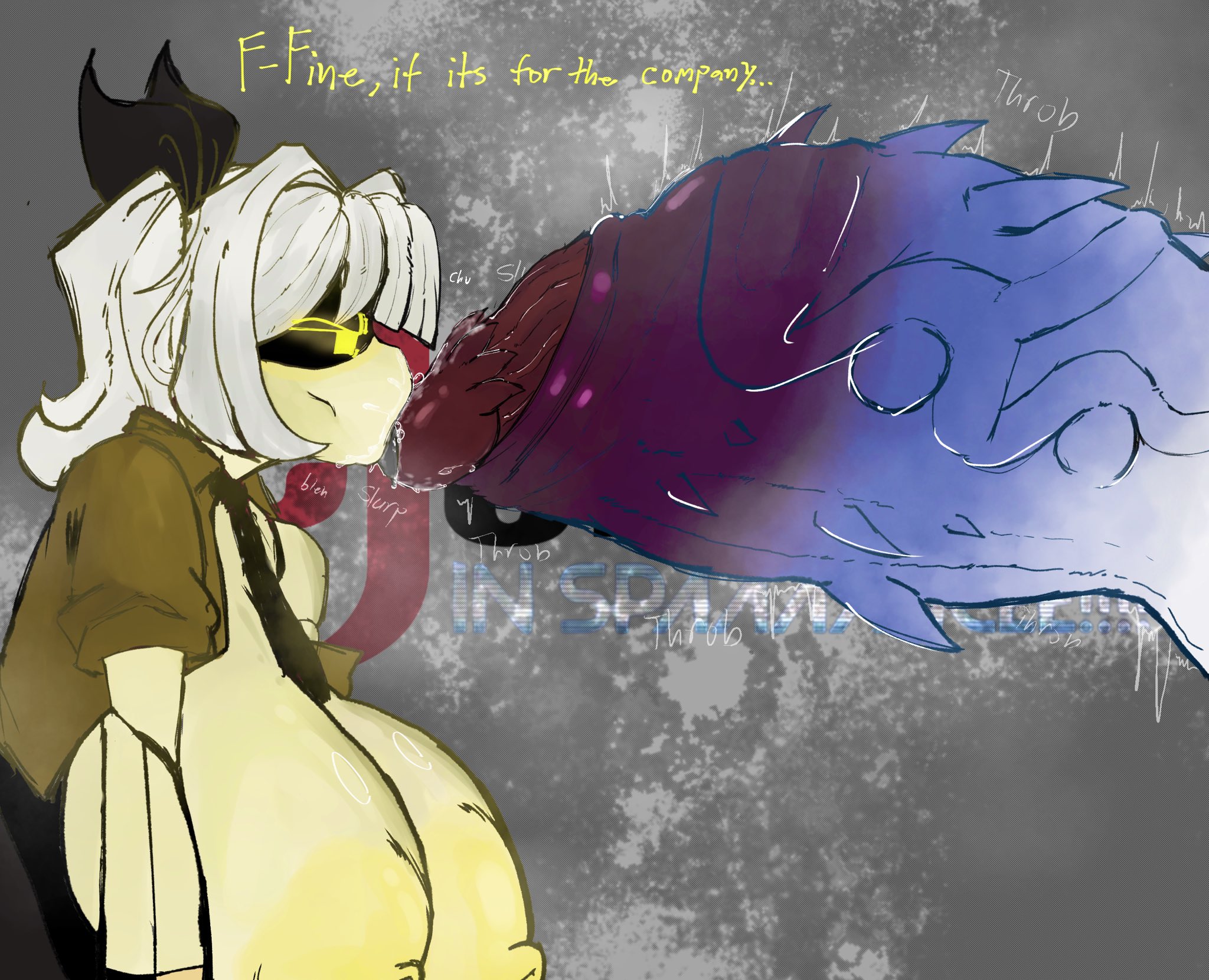 1futa, 1girls, big breasts, big penis, breasts, cyn (murder drones), female, futa on female, futanari, gigantic penis, huge breasts, huge penis, hyper breasts, hyper penis, imminent oral, imminent penetration, intersex, j (murder drones), murder drones, penis, sucking tip, text, u nkno3ngrounds, uncensored