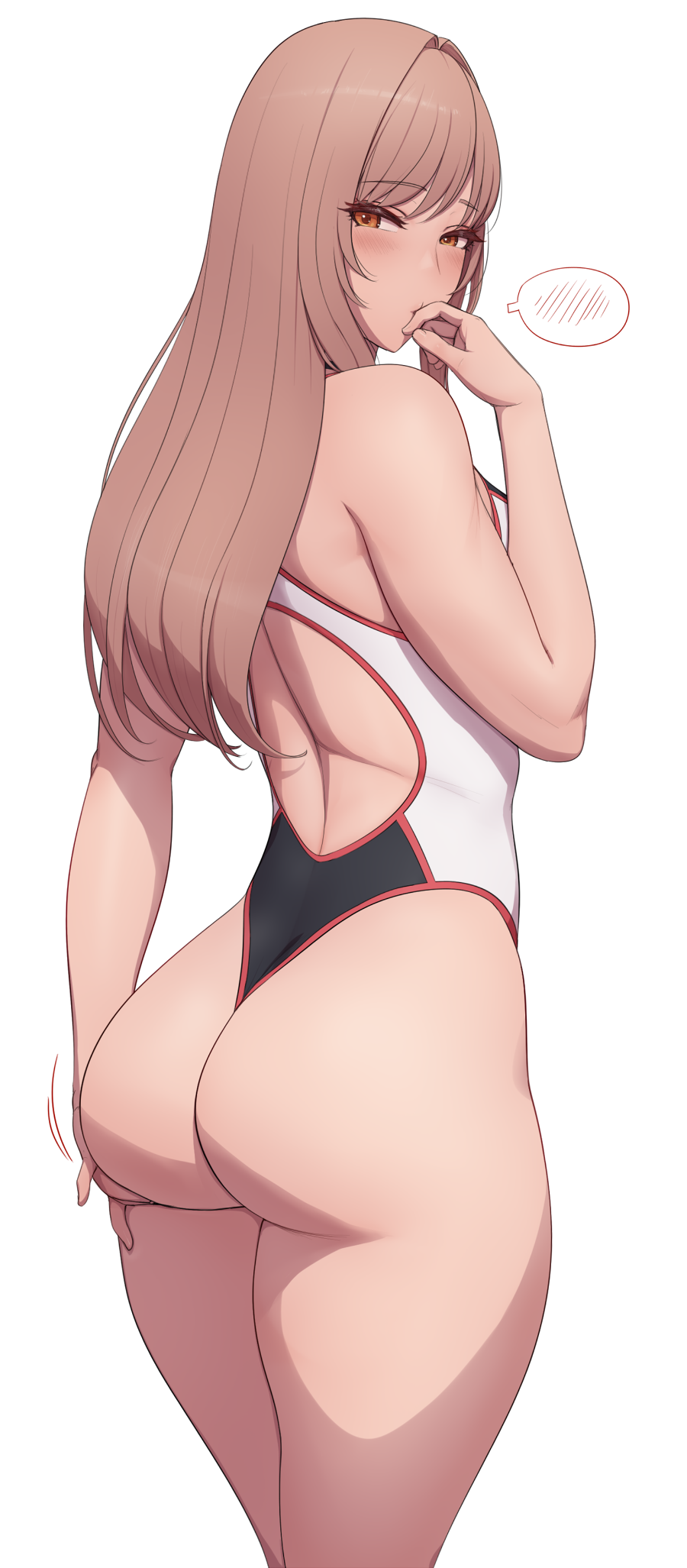 ass back_cutout bare_arms bare_shoulders blush brown_hair clothing_cutout competition_swimsuit female from_behind goddess_of_victory:_nikke hand_up highleg highres huge_ass long_hair looking_at_viewer looking_back lvl_(sentrythe2310) one-piece_swimsuit rapi_(nikke) red_eyes simple_background solo standing swimsuit thighs white_background